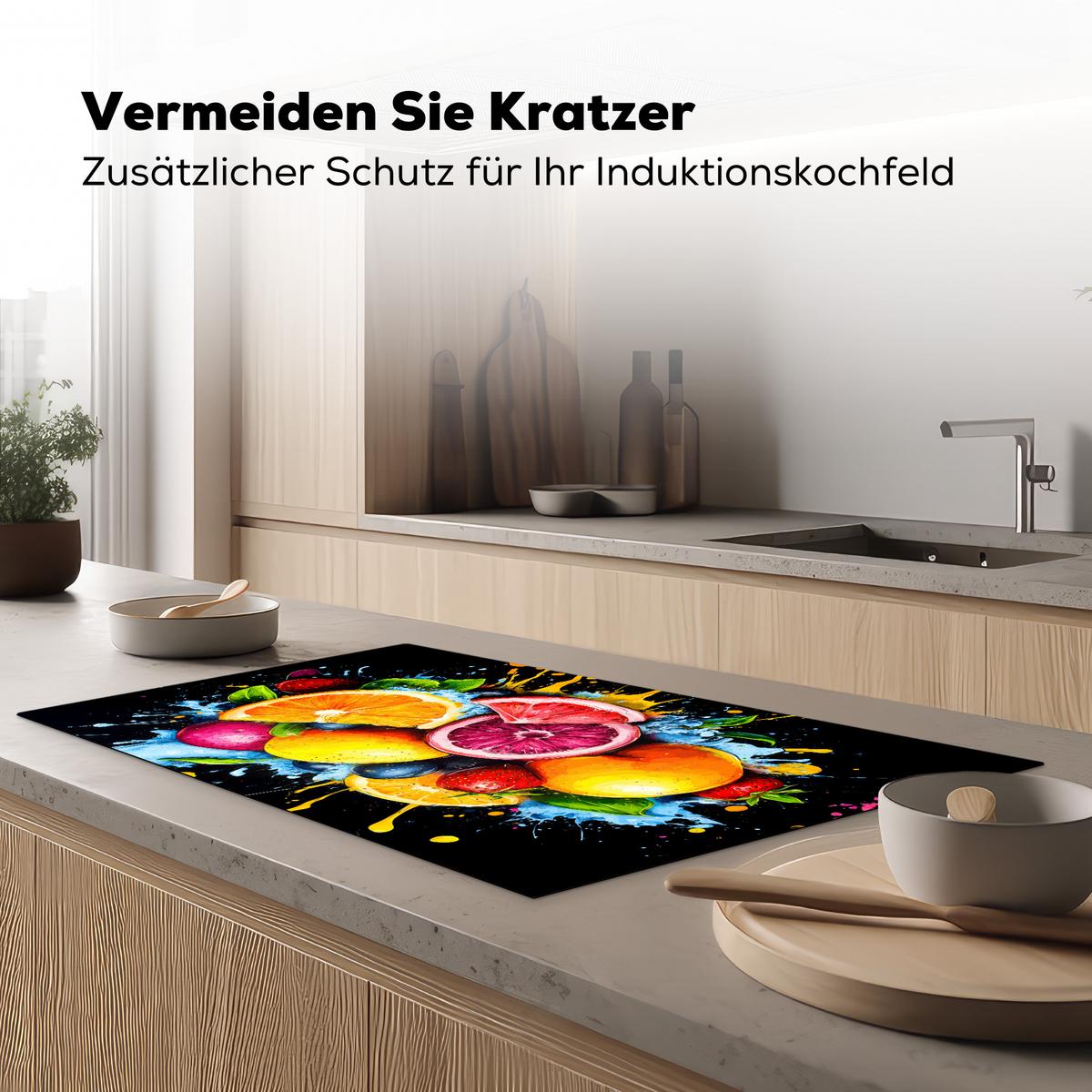 HERDABDECKPLATTE Obst - Graffiti - Bunt - Orange - Erdbeere - Abstrakt Induktionsschutz 91.6x52.7 cm - Orange, Kunststoff (91.6/52.7/0.2cm) - MuchoWow