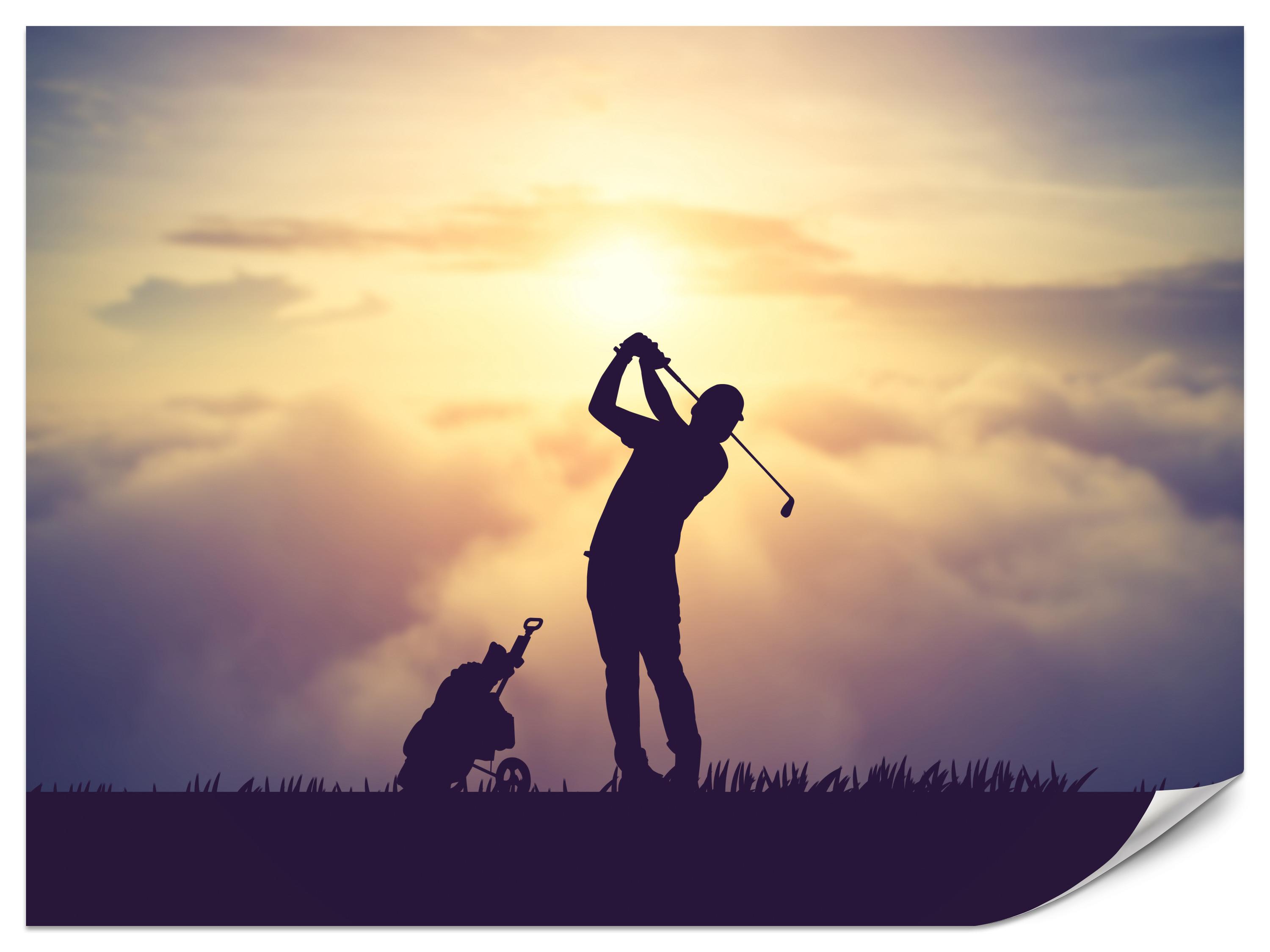 FOTOTAPETE für Jugendzimmer Golfer Sonnenuntergang Silhouette Sport 300x210 - Gelb/Violett, Papier (300/210cm) - Muralo