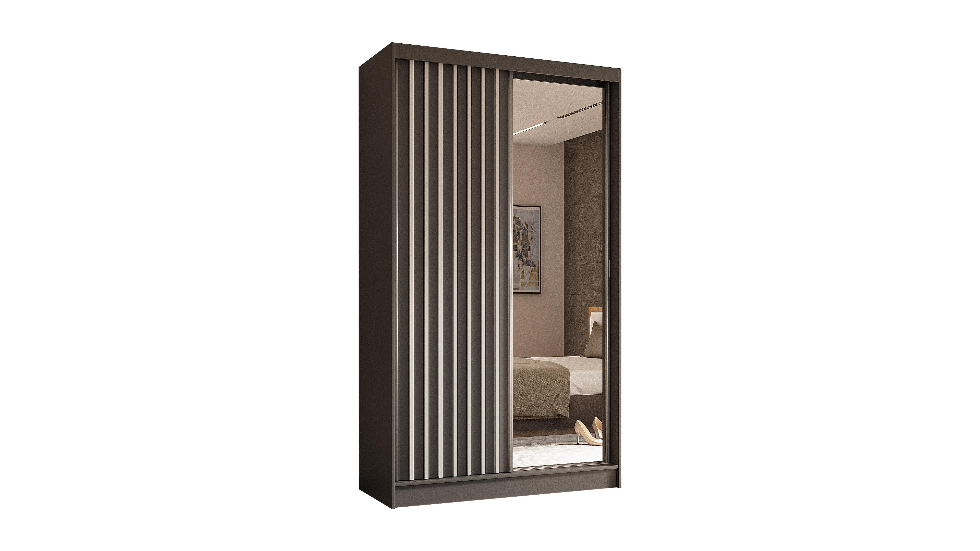KLEIDERSCHRANK mit Spiegel-Schiebetüren und Aluminium-Leisten, LED-Beleuchtung - LAMELO - 120 cm Grau+Grau+Weiß - Weiß/Grau, Holzwerkstoff (120/216/61cm) - ALTDECOR