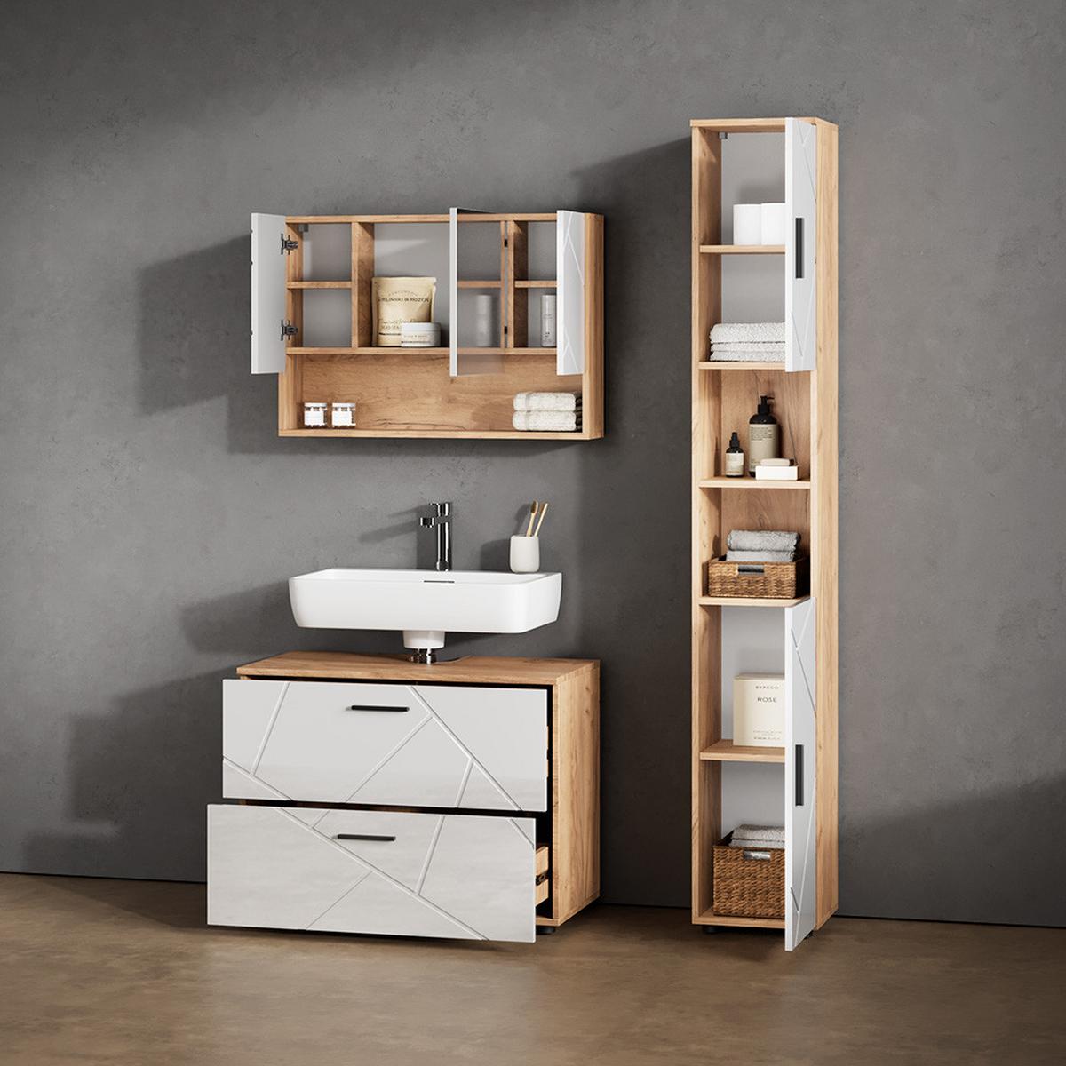 BADSPIEGELSCHRANK Ronco Weiß Hochglanz/Goldkraft Eiche 80.1 x 55 cm - Weiß Hochglanz/Eiche Wotan, Holzwerkstoff (80.1/55/17cm) - Livinity®