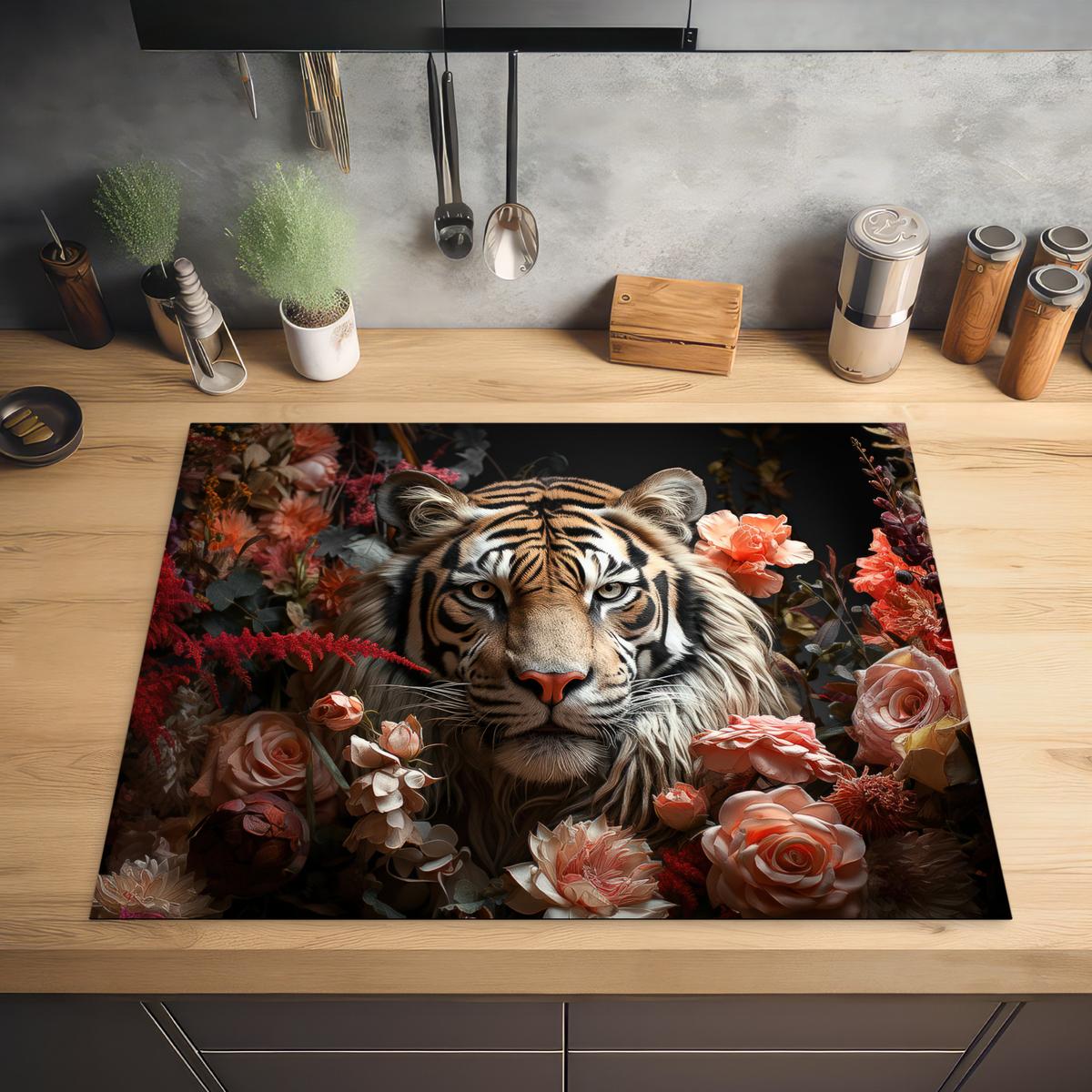 HERDABDECKPLATTE Tiger - Tier - Natur - Floral - Botanisch Induktionsmatte 77x59 cm - Orange, Kunststoff (77/59/0.2cm) - MuchoWow