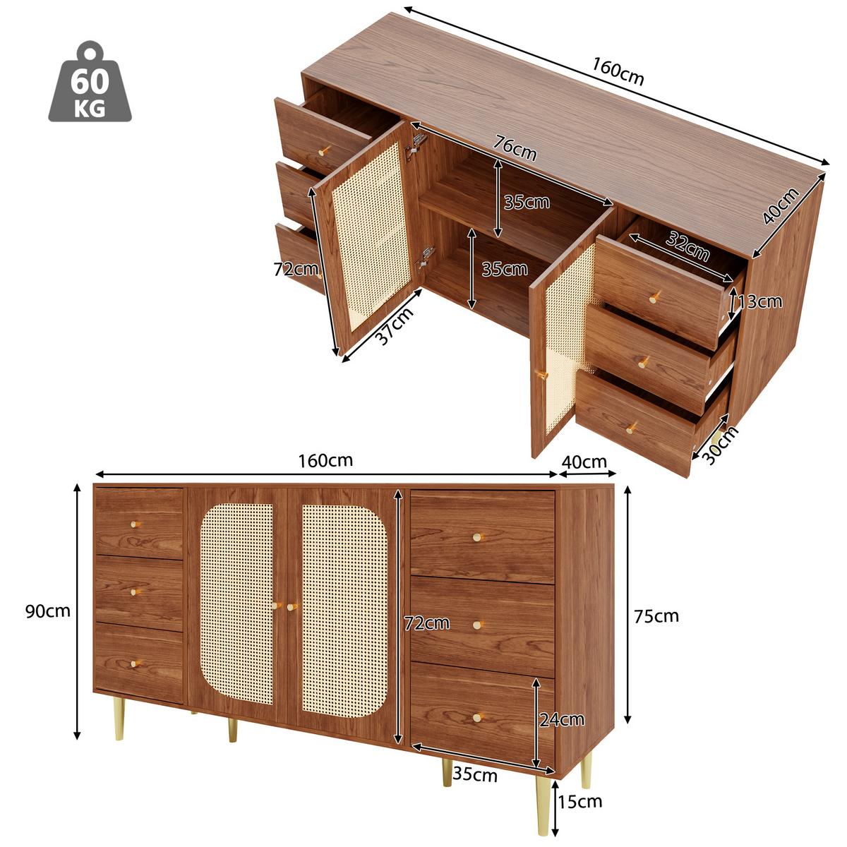 SIDEBOARD 160 cm Holzoptik & Rattan Kommode mit 6 Schubladen und 2 Türen - Eichefarben, Holzwerkstoff (160/90/40cm) - Urban Meuble