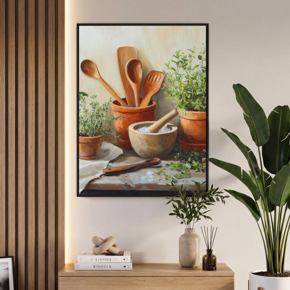 LEINWAND Bilder mit Rahmen - Töpfe - Kräuter - Holz - 70x100 - Terracotta, Textil (70/100cm) - MuchoWow