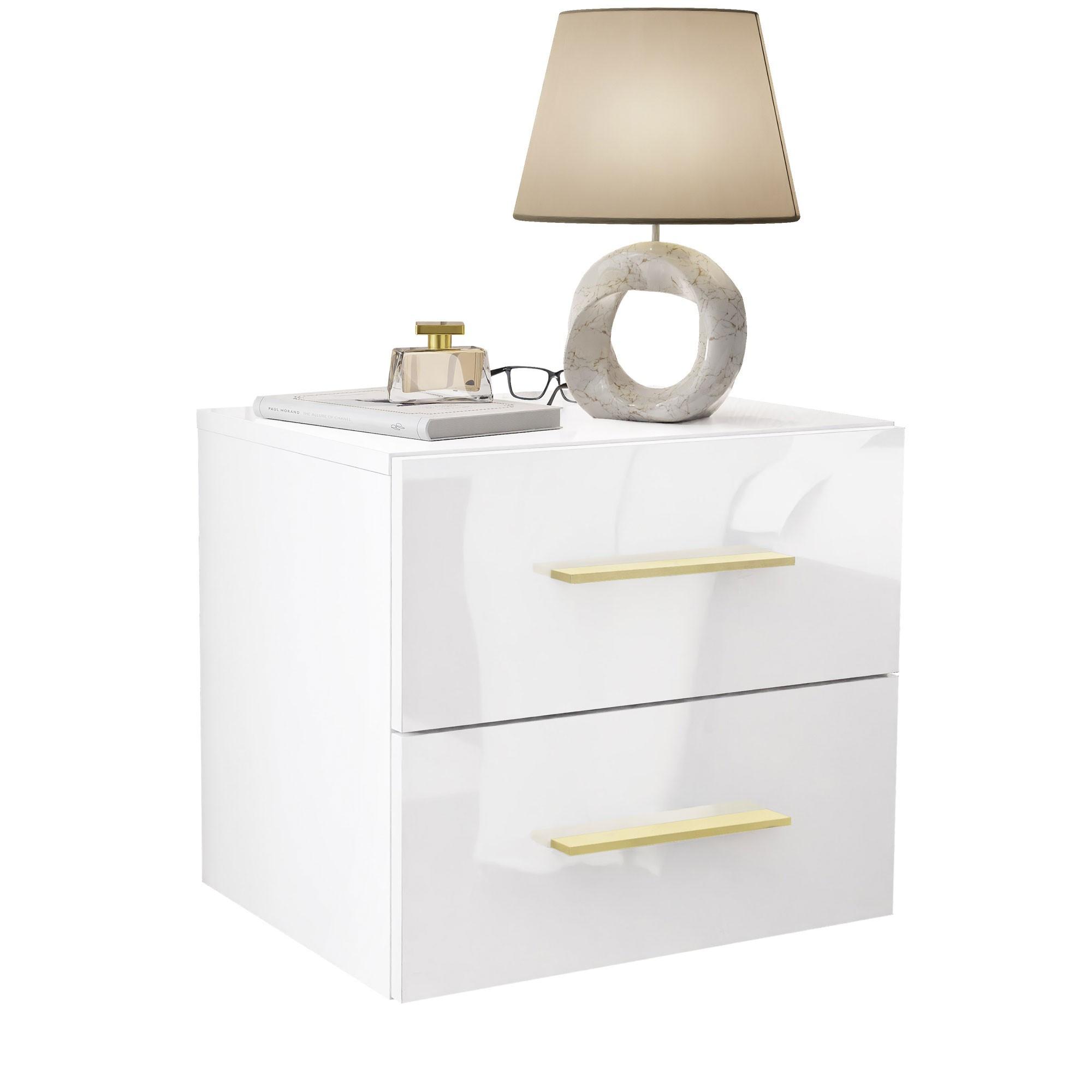 NACHTTISCH LINA LUX hängend mit Griffen und Hochglanzplatte – Griffe: Gold-Matt - Goldfarben, Holzwerkstoff (45/41.8/38.5cm) - Lookway