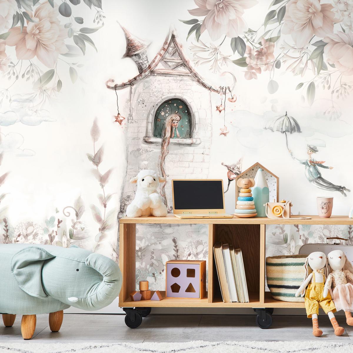FOTOTAPETE für Kinderzimmer Prinzessin Turm Blumen Pflanzen 100x70 - Multicolor, Papier (100/70cm) - Muralo