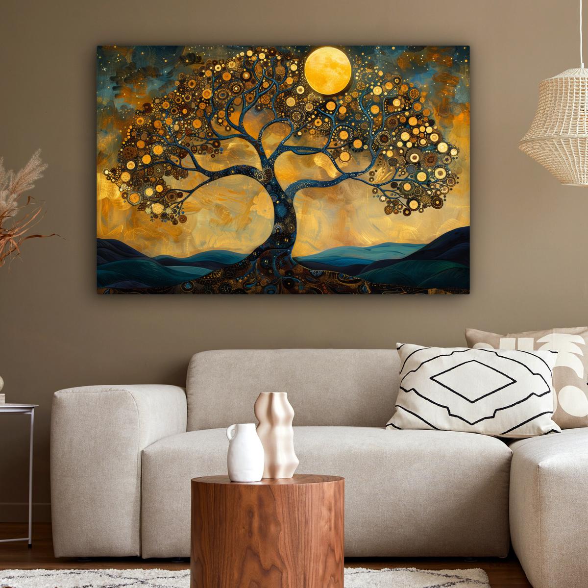 LEINWANDBILD Baum - Mond - Blumen - Gold - Kunst Wohnzimmer Groß 120x80 cm - Orange, Textil (120/80cm) - MuchoWow