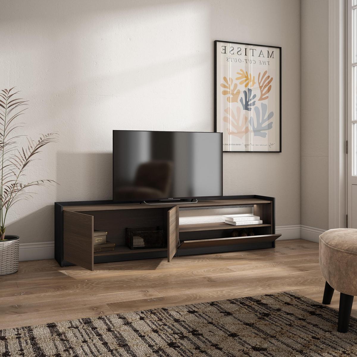 LOWBOARD, Dunkler Eiche und Schwarz, 207/37/50cm, mit Led - Dunkelbraun, Holzwerkstoff (207/50/37cm) - Skraut Home