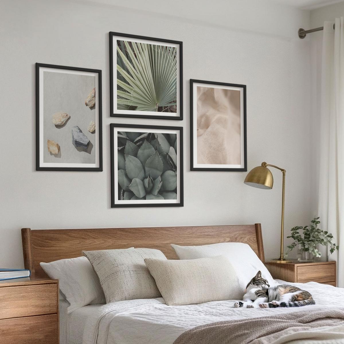 BILDER SET 4er Set - 50x50 cm & 40x60 cm Schwarzer Rahmen - Steine, Holz, Stofftexturen - Schwarz, Kunststoff (50/50cm) - TULUP