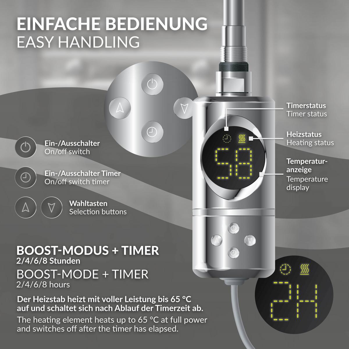 BADHEIZKÖRPER elektrisch Sahara 400x1200 mm Chrome gebogen mit Heizstab 1200W Digital - Chromfarben, Metall (40/120/3cm) - LuxeBath