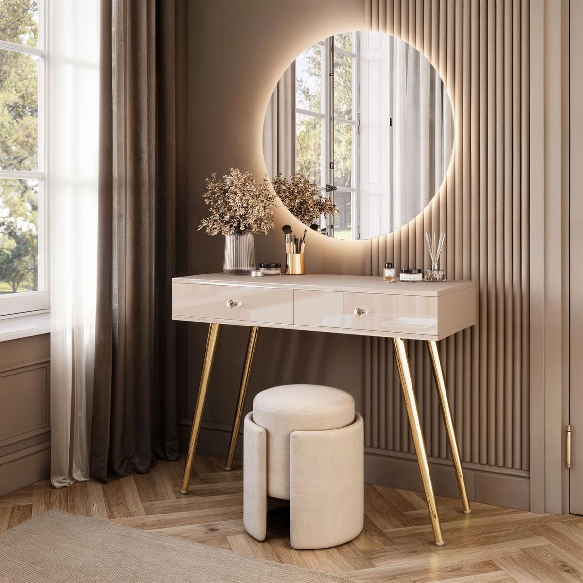 SCHMINKTISCH SIENNA GLAMOUR KASCHMIR mit LED-Spiegel - Kaschmir/Goldfarben, Holzwerkstoff (100/81/42cm)
