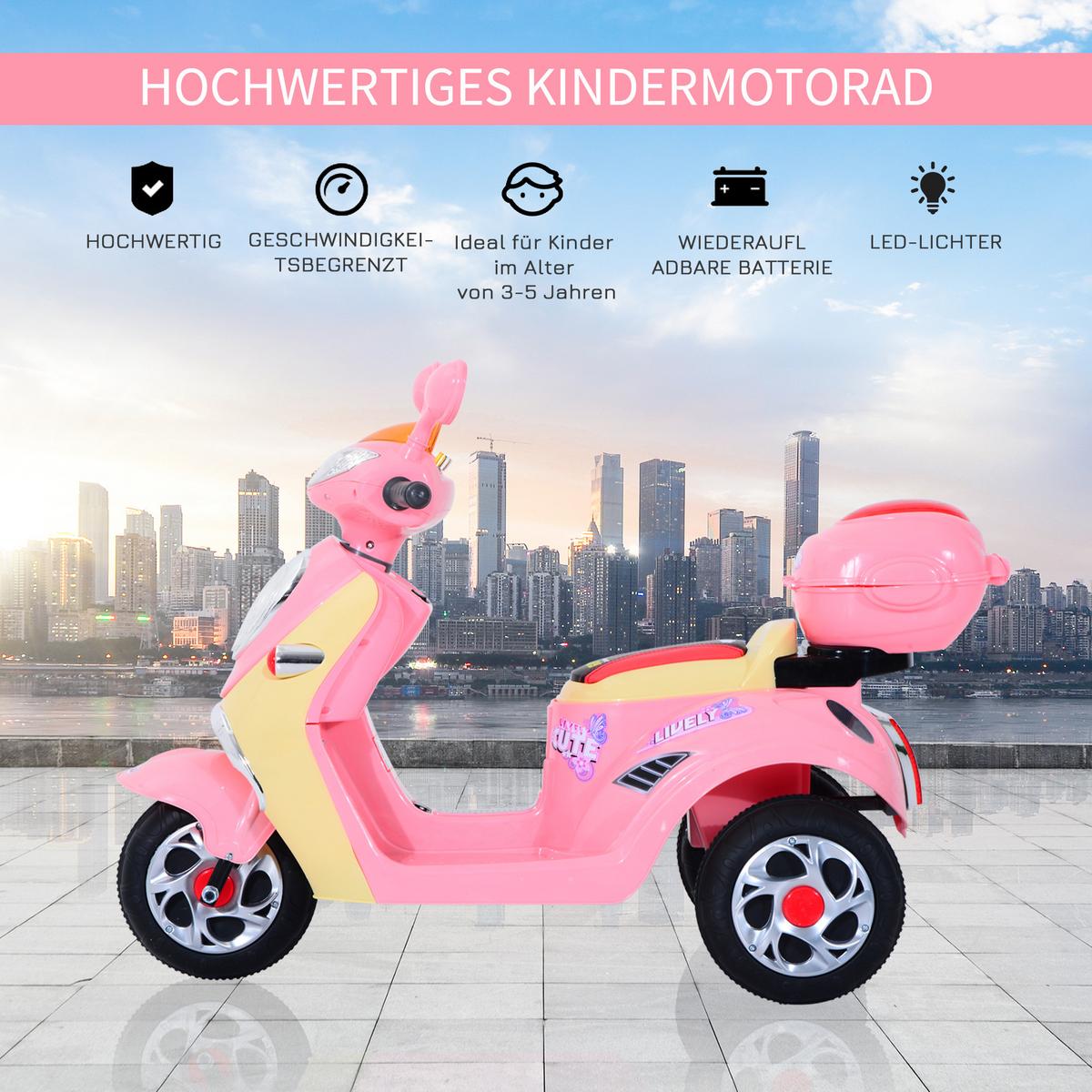 ELEKTRO Kindermotorrad Elektromotorrad Elektroauto Kinderfahrzeug Dreirad 3 km/h - Rosa, Kunststoff (108/51/75cm) - HOMCOM