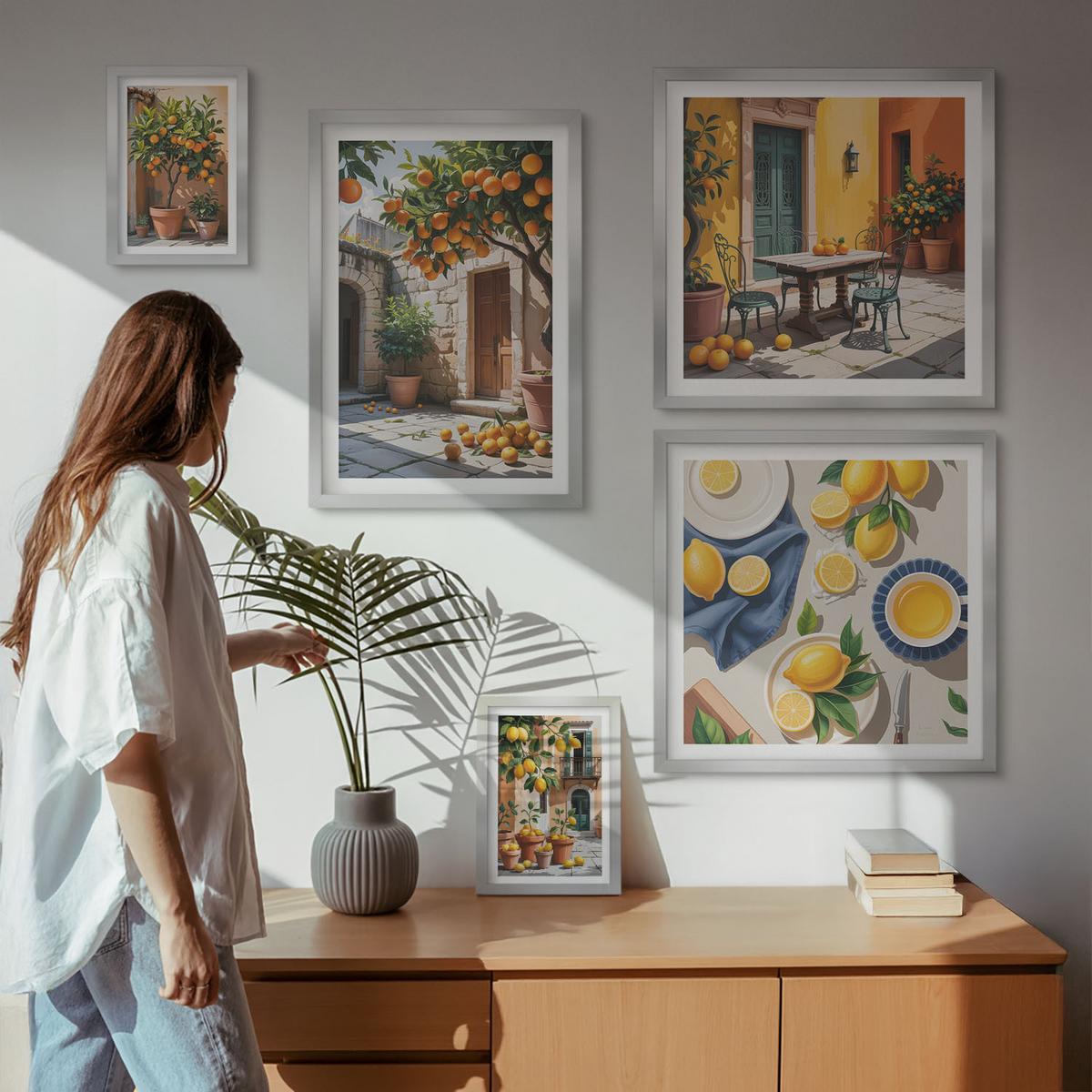 BILDER SET 5er Set - 50x50 cm & 20x30 cm & 40x60 cm Silberner Rahmen - Zitrusgarten in der Sonne - Silberfarben, Kunststoff (40/60cm) - TULUP