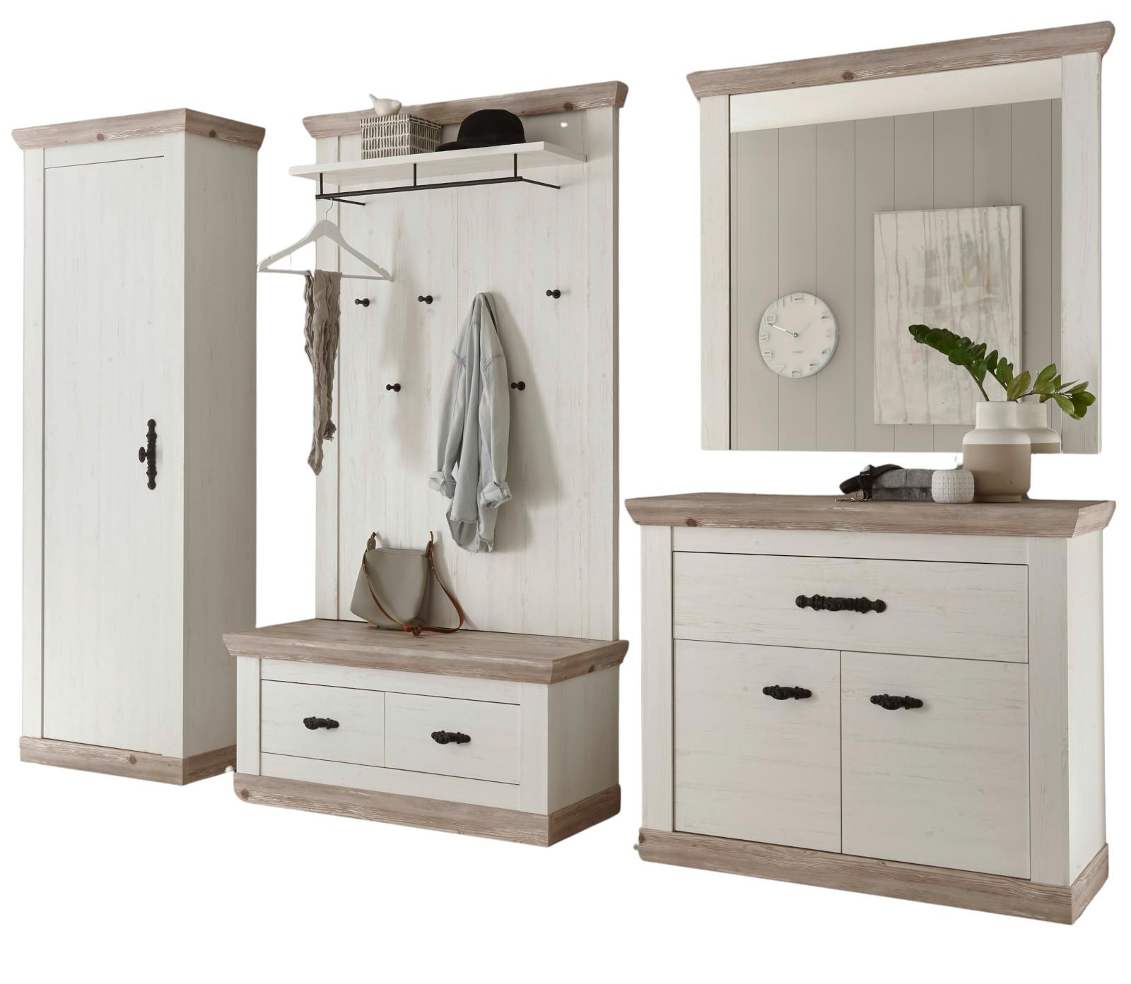 GARDEROBENKOMBINATION Pinie weiß, Oslo Pinie Landhaus, Garderobe Set 5-tlg., 307 x 201 cm - Weiß/Pinienfarben, Holzwerkstoff/Metall (307/201/45cm) - Furn.Design