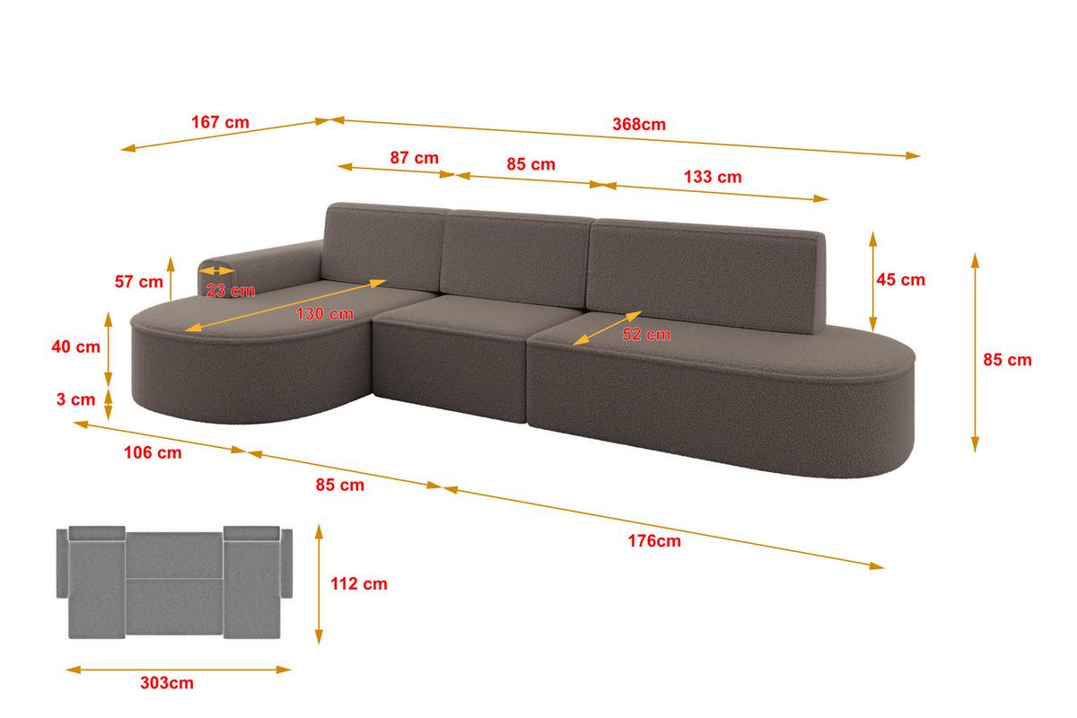 ECKSOFA mit Schlaffunktion Ottomane Links MARI L2-S 368X167X85 Braun Bouclé - Schwarz/Braun, Holzwerkstoff/Kunststoff (368/167cm) - ALTDECOR