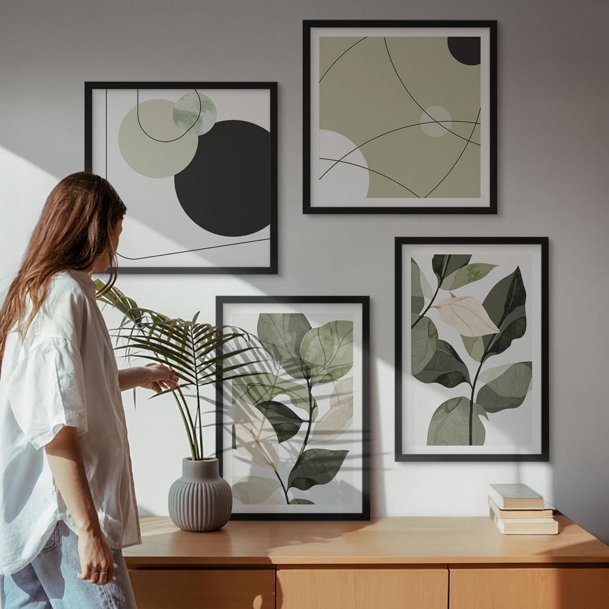 BILDER SET 4er Set - 50x50 cm & 40x60 cm Schwarzer Rahmen - Abstrakte Darstellung gemalter Blätter - Schwarz, Kunststoff (50/50cm) - TULUP