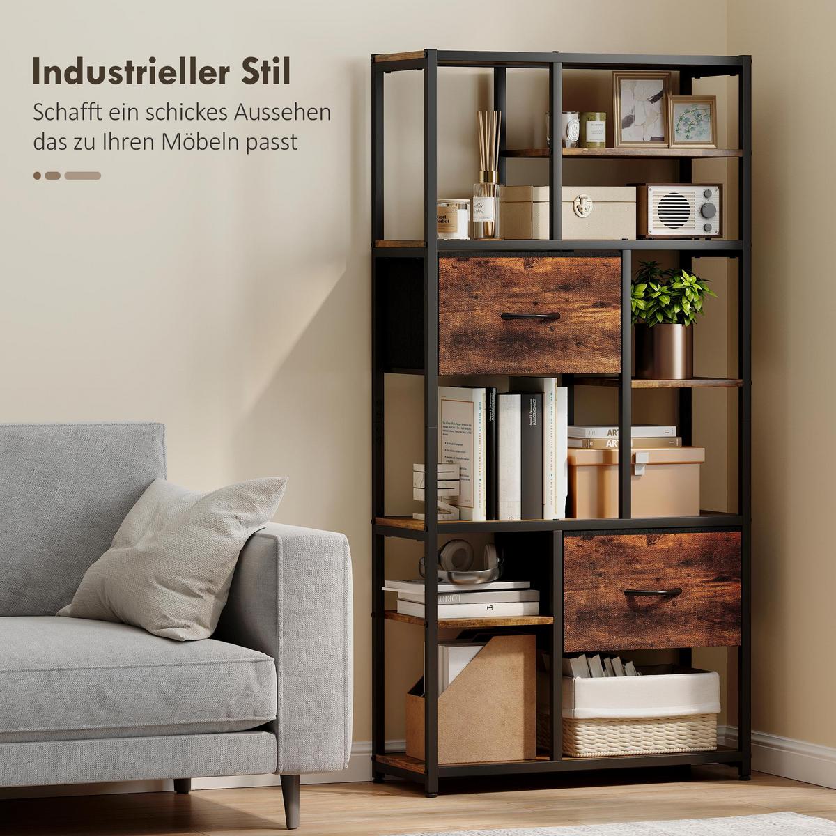 STANDREGAL mit 2 Stoffschubladen 9 offenen Fächern Braun - Dunkelbraun/Schwarz, Holzwerkstoff/Metall (30/150/72.5cm) - HOMCOM