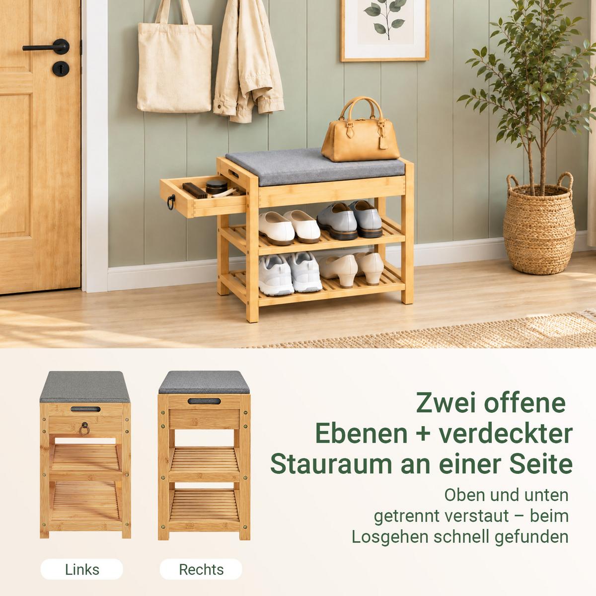 SCHUHBANK aus Bambus, 55 x 46 x 30 cm, mit Sitzkissen und Seitenschublade, 2 Schuhablagen, Natur - Naturfarben, Holz (55/46/30cm) - SoBuy