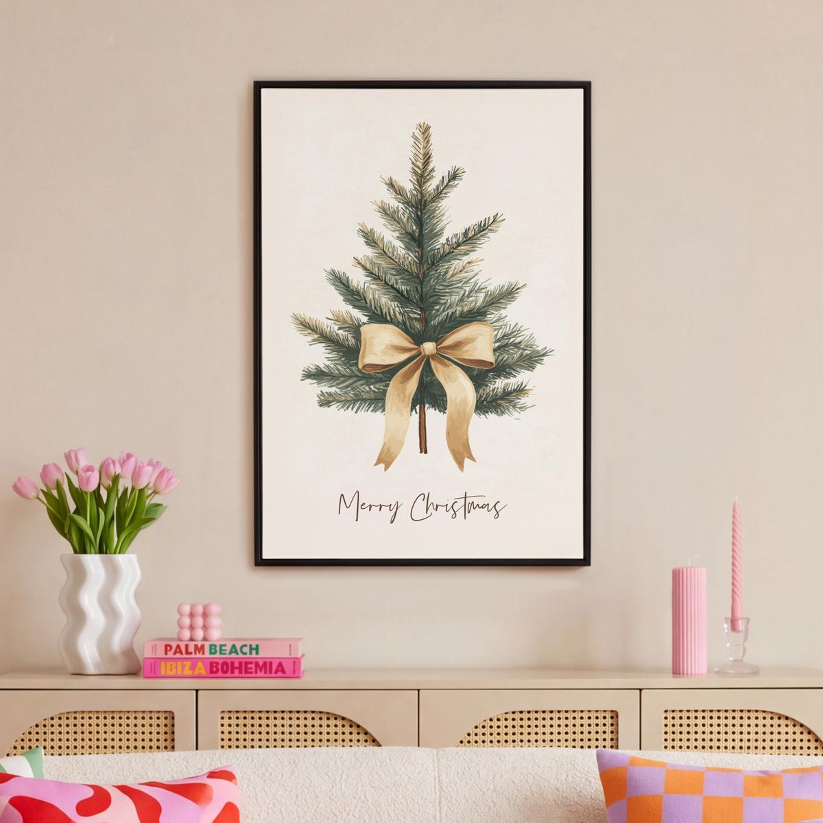LEINWAND Bilder mit Rahmen - Weihnachtsbaum - Weihnachten - Frohe Weihnachten - Beige - 60x90 - Sandfarben, Textil (60/90cm) - MuchoWow