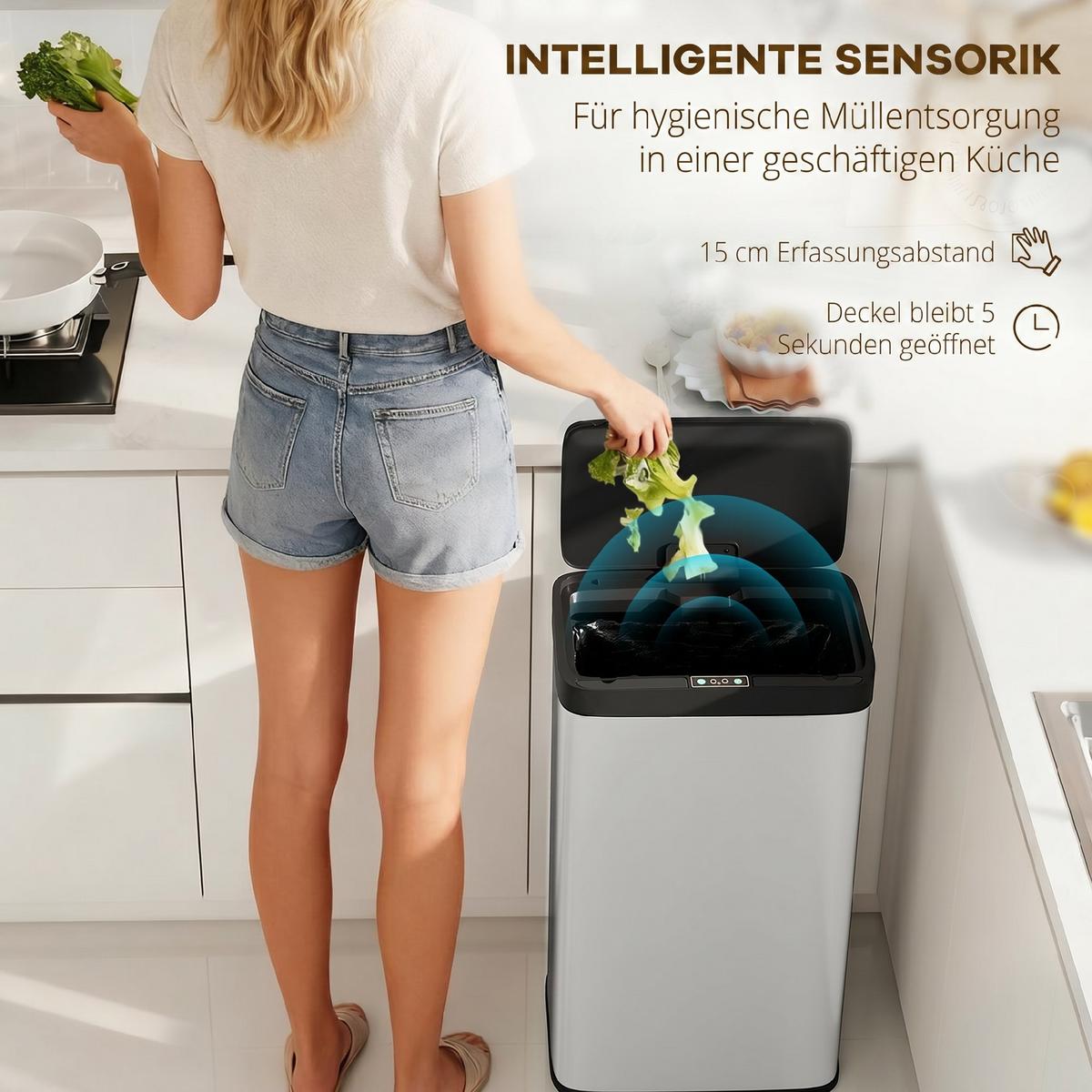 SENSOR-MÜLLEIMER Edelstahl PP ABS Silber Schwarz - Silberfarben, Metall (25.5/67.5/38cm) - HOMCOM