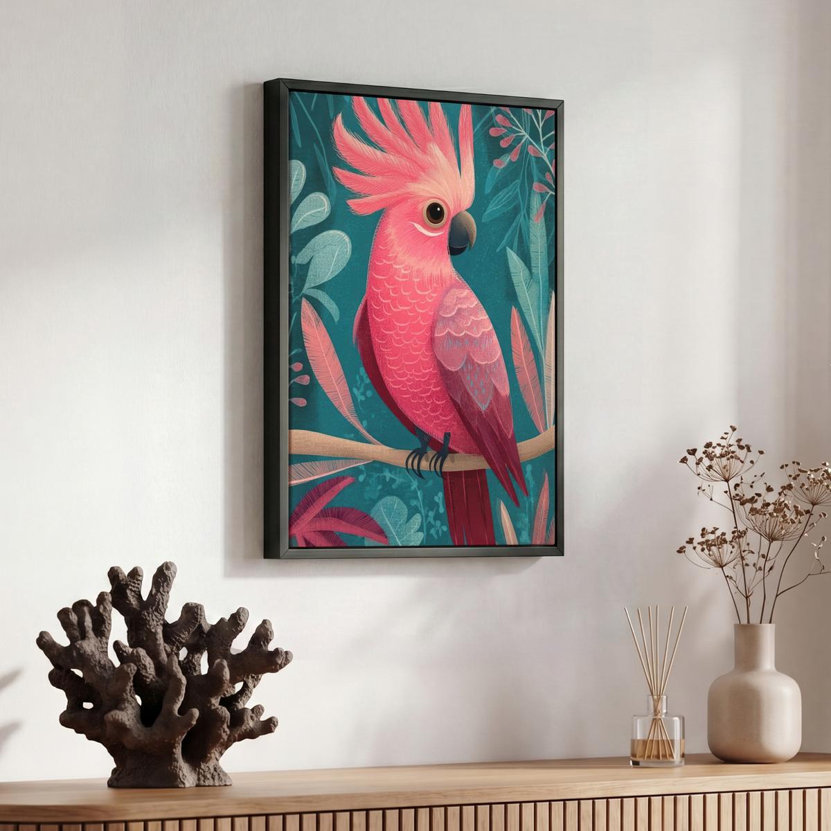 LEINWAND Bilder mit Rahmen - Kakadu - Tropische Blätter - Zweig - 30x40 - Petrol, Textil (30/40cm) - MuchoWow