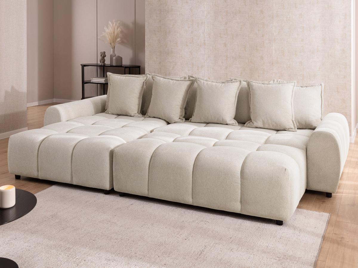 HOCKER Bubble mit Sitzfläche in Bubble-Optik aus weichem Hellbeige Strukturstoff mit schöner Sitzkomfort - Beige/Schwarz, Holz/Kunststoff (147/42/74cm) - S-Style Möbel