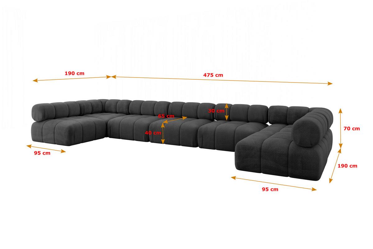 WOHNLANDSCHAFT modulares Sofa Garvo-U3 - 475x190x70 cm Schwarz Velours - Schwarz, Holzwerkstoff/Textil (475/70/190cm) - ALTDECOR