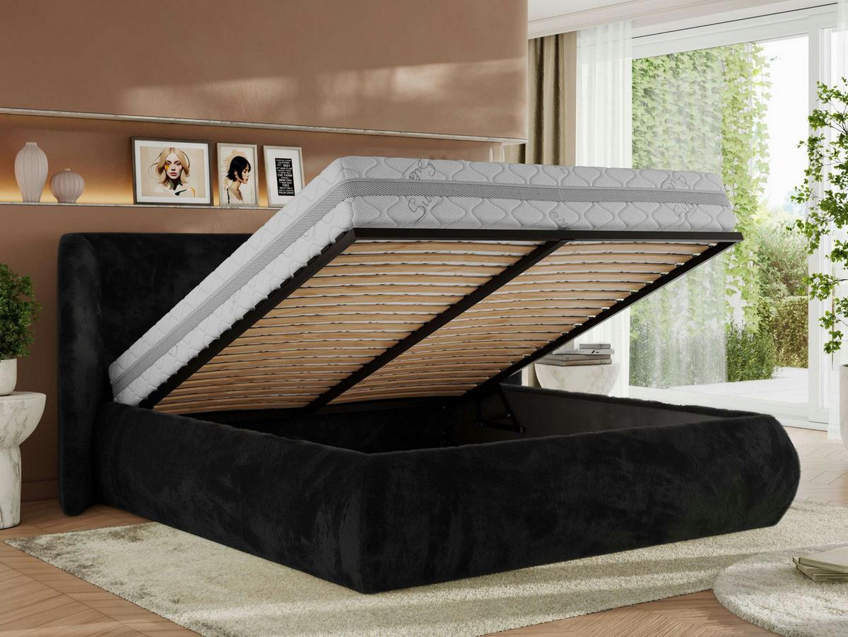 POLSTERBETT CAELA CLASSIC 160/200 - Schwarz Plüsch - Multipocket-Matratze - Schwarz, Textil (160/200cm) - MKS
