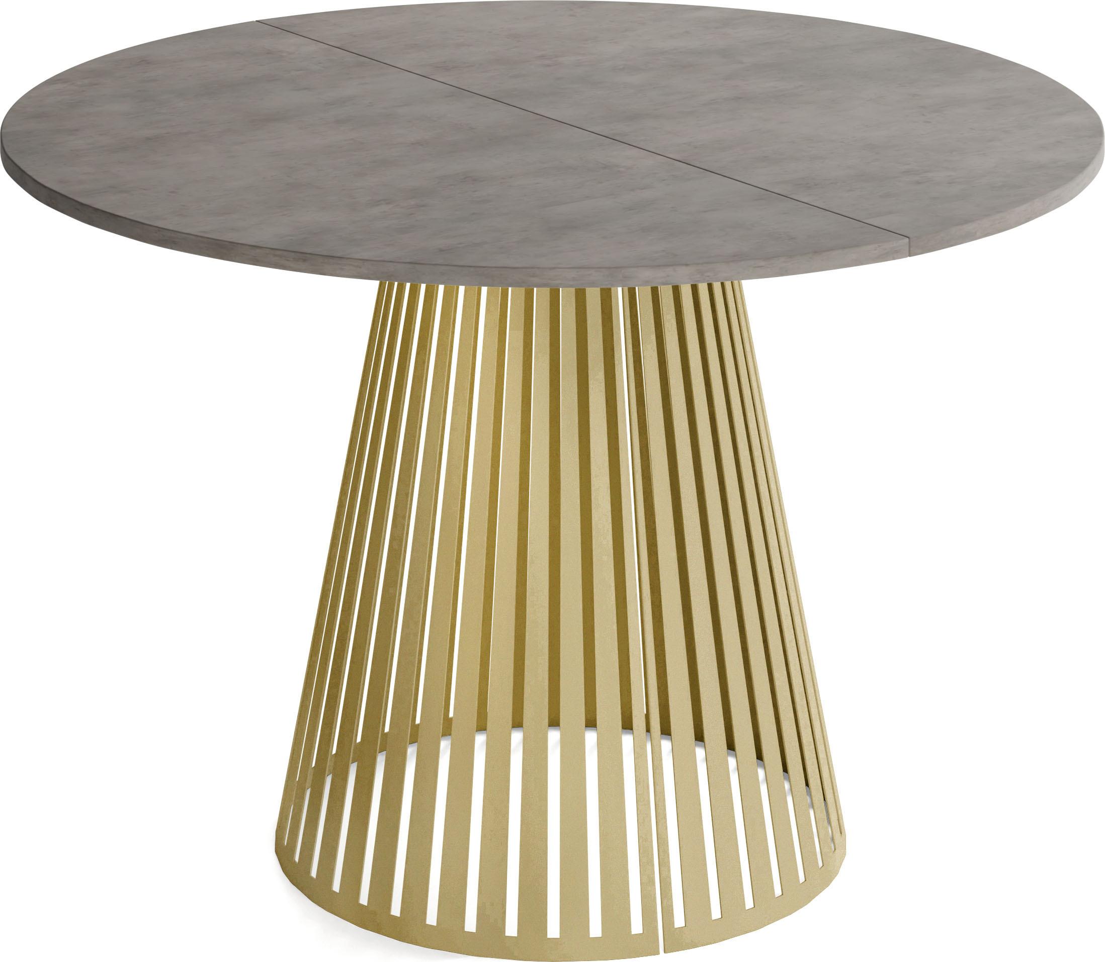 ESSTISCH Naro rund ausziehbar mit Goldenem Lamellen-Metallgestell, Beton-Optik Dunkelgrau 100-180/100/76 cm - Dunkelgrau/Goldfarben, Holzwerkstoff/Metall (100/176/76cm) - WFL GROUP