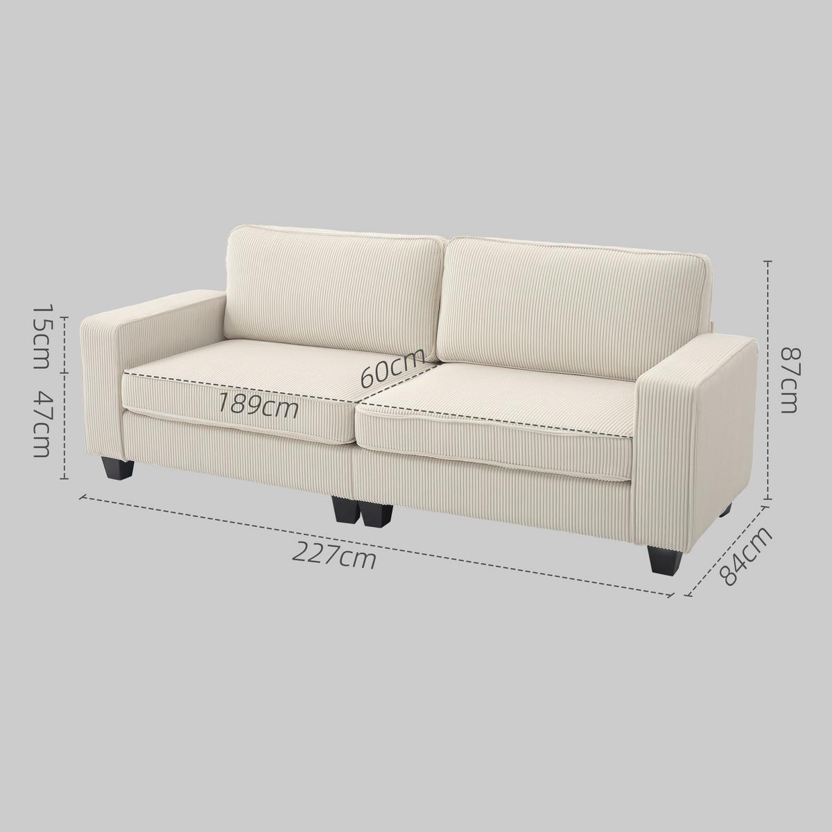 3-SITZER Sofa mit Cordbezug, Wohnzimmersofa mit Federkern, bis 400 kg, Cremeweiß - Creme/Schwarz, Kunststoff/Textil (84/87/227cm) - HOMCOM