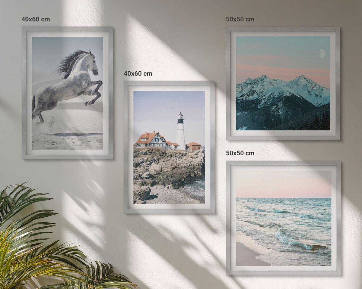 BILDER SET 4er Set - 50x50 cm & 40x60 cm Silberner Rahmen - Pferde, Bewegung, Strand, Leuchtturm, Berge - Silberfarben, Kunststoff (50/50cm) - TULUP