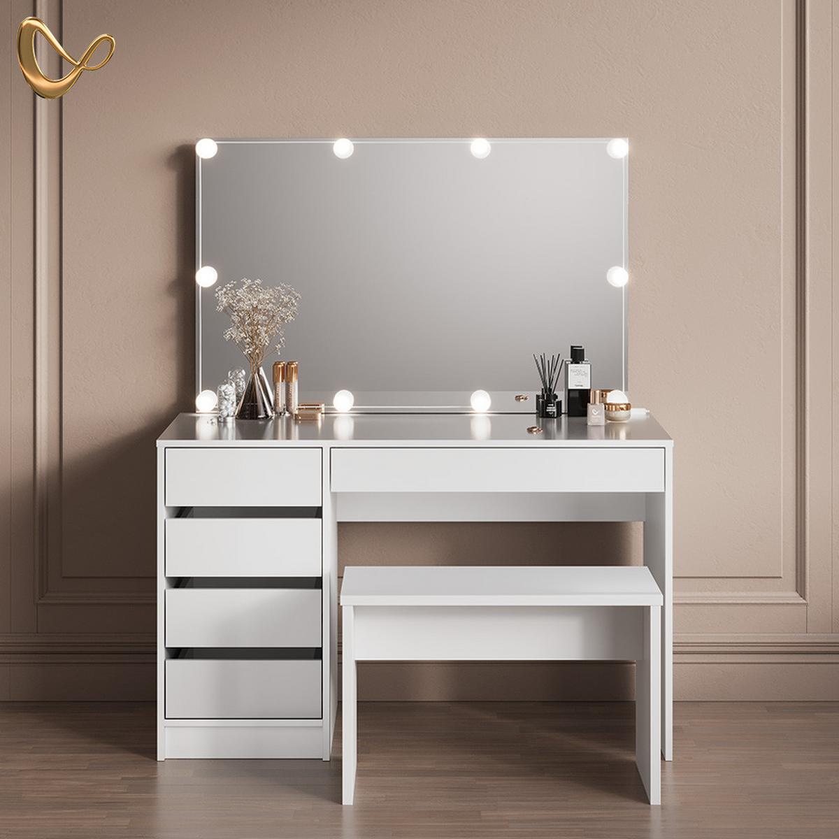 SCHMINKTISCH Imola Weiß mit LED Beleuchtung und Bank - Weiß, Holzwerkstoff (120/75/55cm) - Livinity®