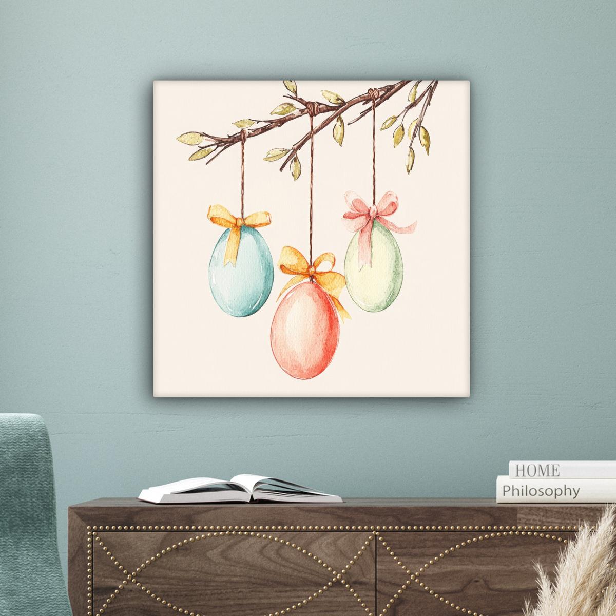 LEINWANDBILD Osterkuchen - Schleife - Eier Wandbild Wohnzimmer 50x50 cm - Creme, Textil (50/50cm) - MuchoWow