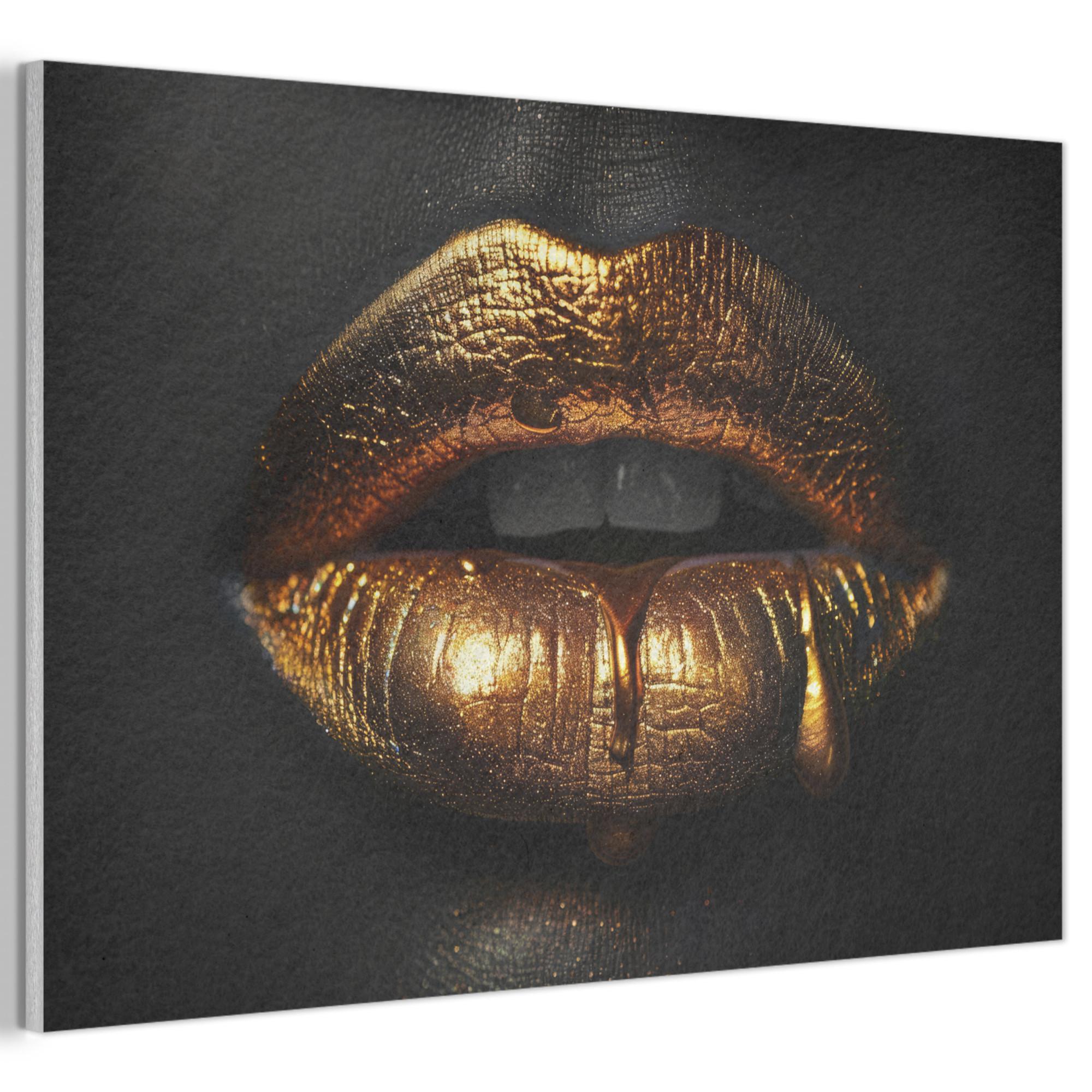 AKUSTIKBILD Frau - Porträt - Lippen - Gold - Schwarz Akustikpaneele 90x60 cm - Schwarz, Kunststoff (90/60/0.9cm) - MuchoWow