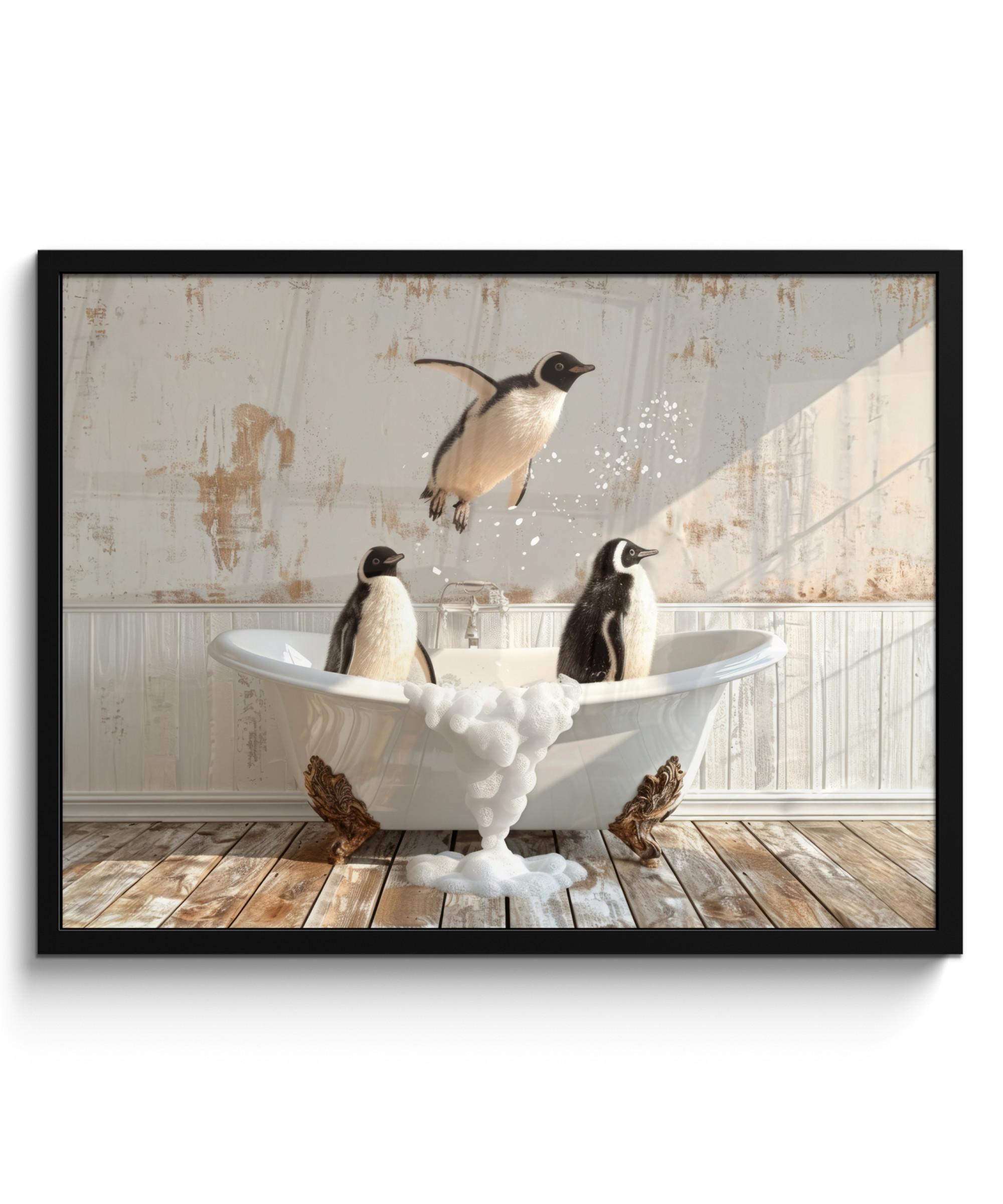 POSTER MIT RAHMEN Vintage - Pinguin - Badewanne - Schaumstoff 80x60 cm - Schwarz, Papier (80/60cm) - MuchoWow