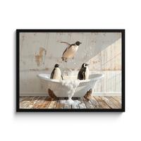 POSTER MIT RAHMENGERAHMTES BILD Vintage - Pinguin - Badewanne - Schaumstoff 80x60 cm - Schwarz, Papier (80/60cm) - MuchoWow