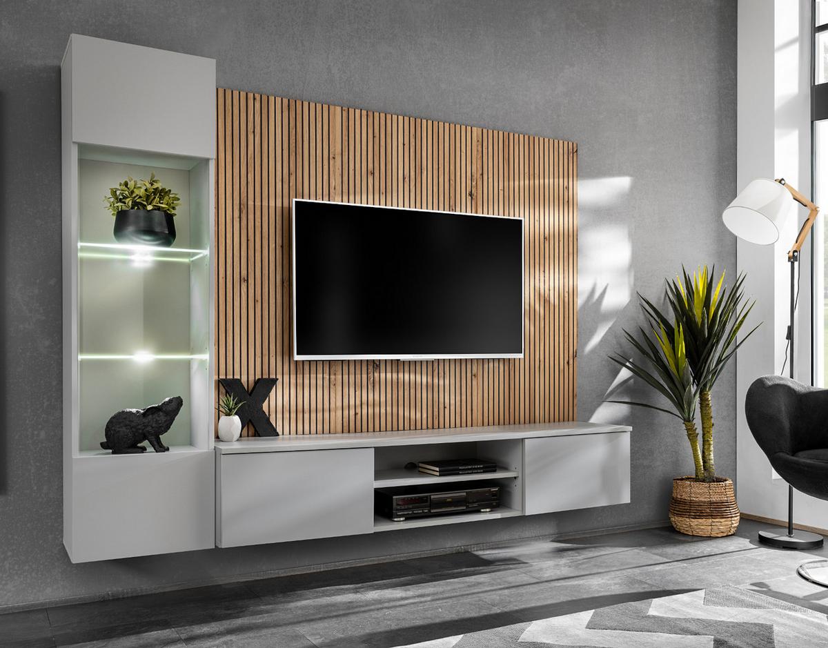 WOHNWAND hellgrau, Eiche Artisan 200 cm, Schrankwand inklusive Beleuchtung und Push-to-Open - Hellgrau/Eiche Artisan, Glas/Holzwerkstoff (200/148/35cm) - Inn.Furn