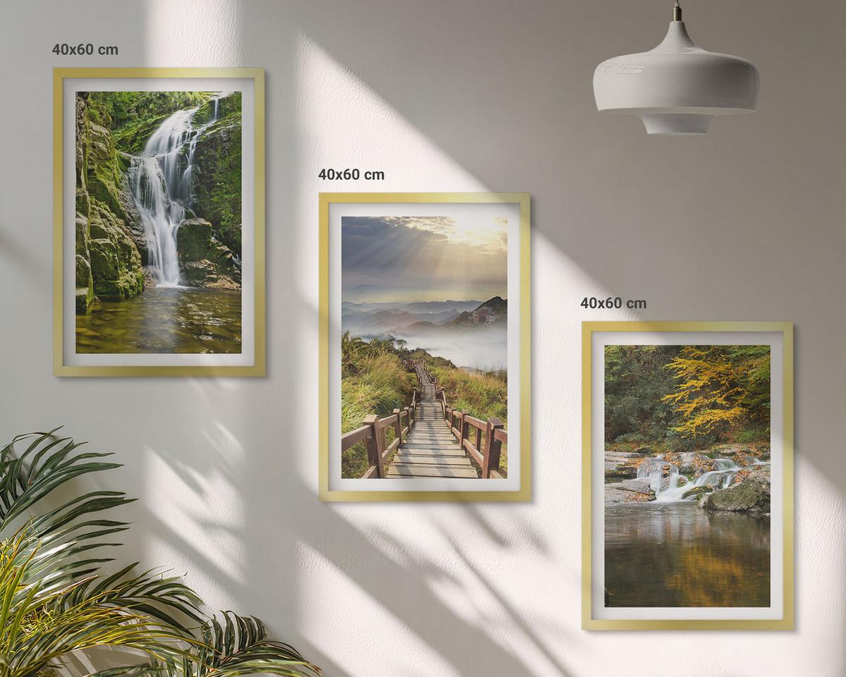 BILDER SET 3er Set - 40x60 cm Goldrahmen - Wasserfälle, Berge, Wolken, Herbst - Goldfarben, Kunststoff (40/60cm) - TULUP