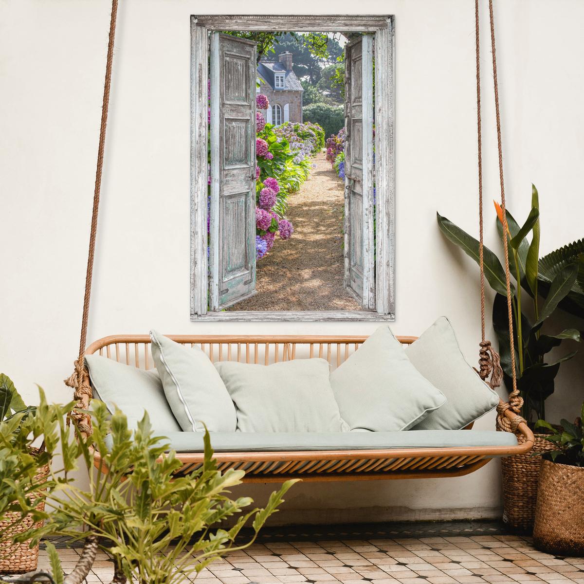 GARTENPOSTER Durchblick - Hortensie - Blumen Outdoor Bilder 80x120 cm - Hellgrau, Kunststoff (80/120/0.2cm) - OnlyWow