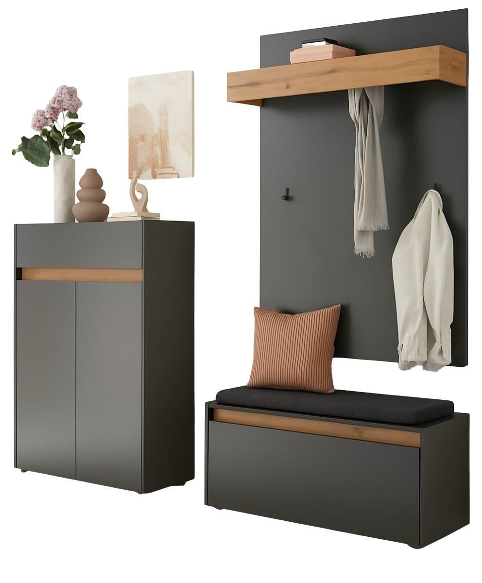 GARDEROBEN-SET grau Eiche Wotan 4-teilig 195 cm, Flurgarderobe inklusive Sitzkissen - Eiche Wotan/Schwarz, Holzwerkstoff/Kunststoff (195/200/40cm) - Furn.Design