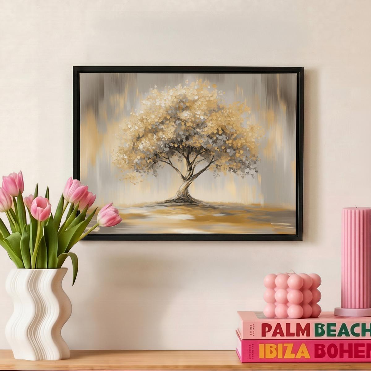 LEINWAND Bilder mit Rahmen - Gemälde - Baum - Abstrakt - Blätter - 40x30 - Beige, Textil (40/30cm) - MuchoWow