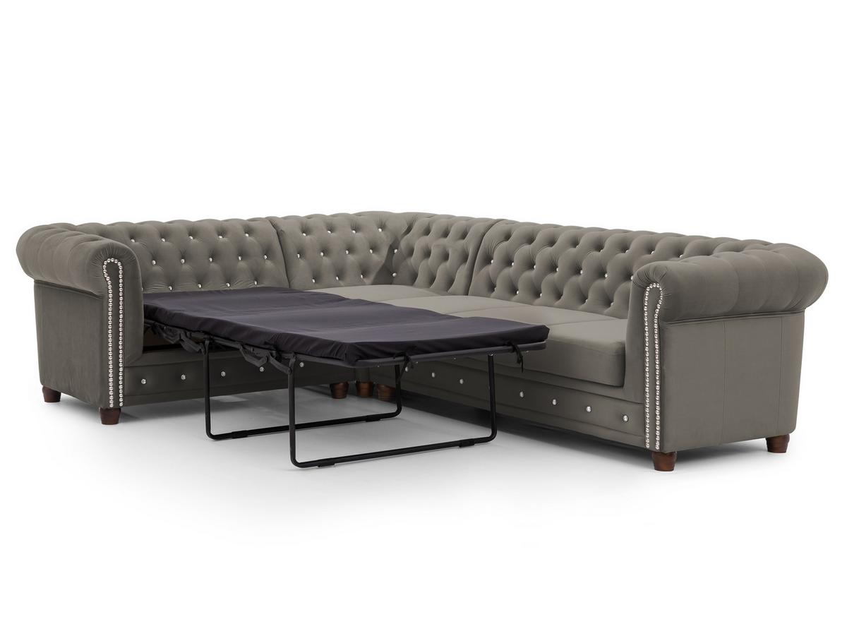 ECKSOFA mit Schlaffunktion Chesterfield Grau Samt mit Kristallsteppung und braunen Massivholzfüßen - Ottomane Links - Braun/Grau, Holz/Textil (264/210cm) - S-Style Möbel