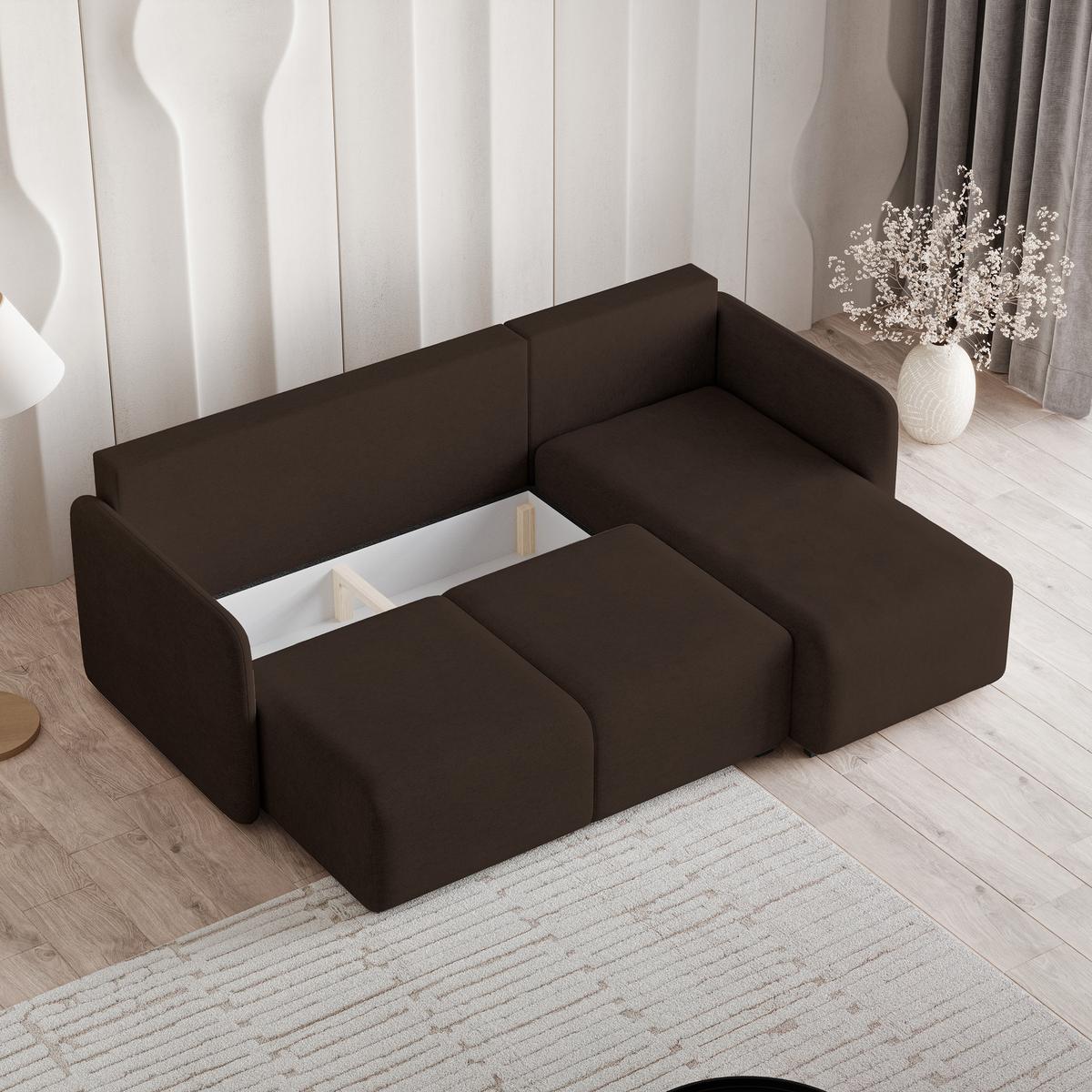 ECKSOFA SUVINO Braun Geflochtener Stoff mit Schlaffunktion - Dunkelbraun, Holz (230/143cm) - MASSENO