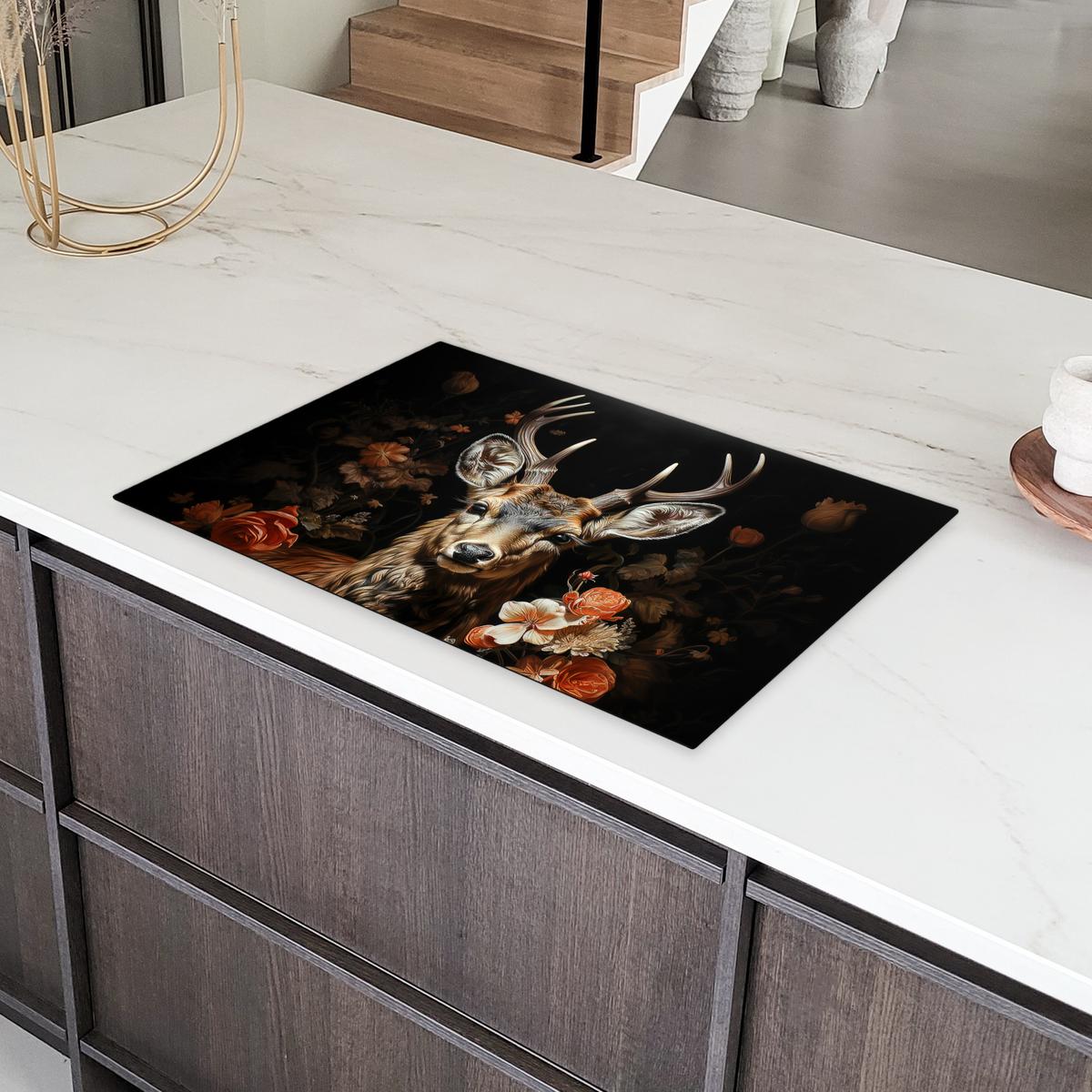 HERDABDECKPLATTE Hirsch - Tier - Blumen - Natur - Botanisch Induktionsschutz 80x52.2 cm - Kupferfarben, Kunststoff (80.2/52.2/0.2cm) - MuchoWow