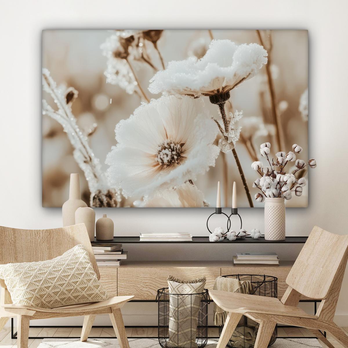 LEINWANDBILD Blumen - Winter - Weiß - Schnee - Beige Wohnzimmer Groß 120x80 cm - Creme, Textil (120/80cm) - MuchoWow