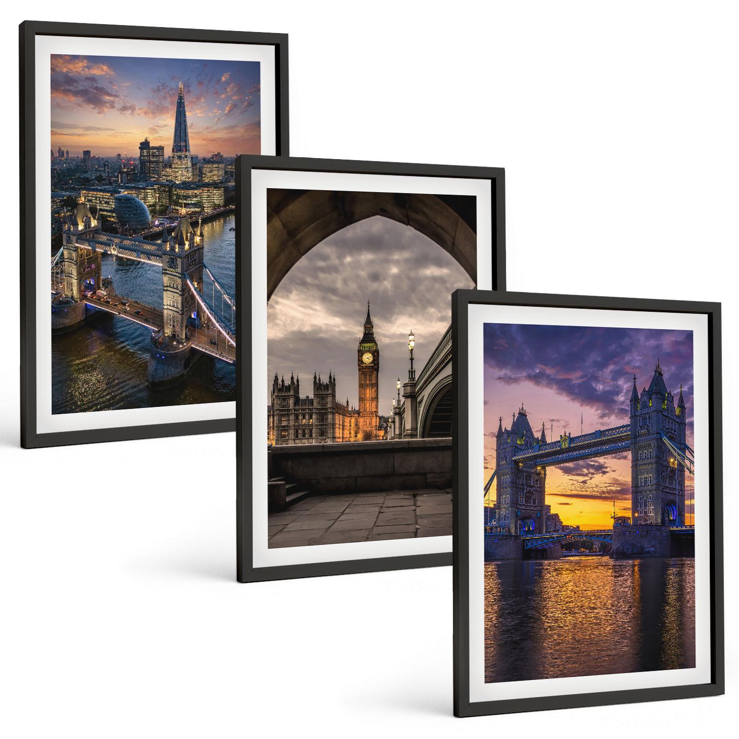BILDER SET 3er Set - 40x60 cm Schwarzer Rahmen - Stadtbrücken, Uhrtürme - Schwarz, Kunststoff (40/60cm) - TULUP