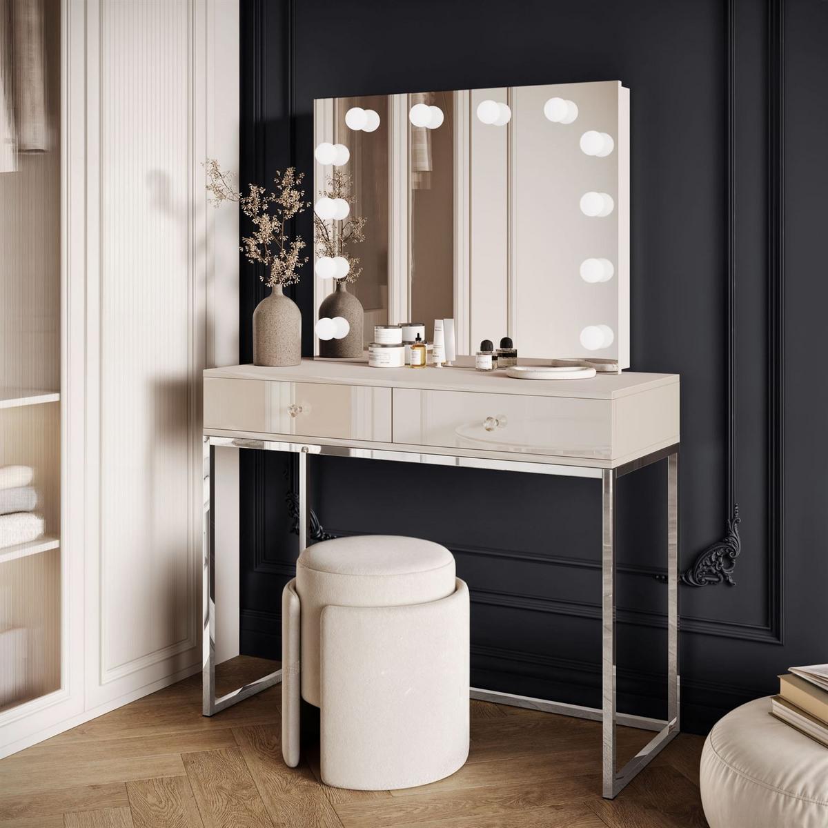 SCHMINKTISCH BLANCO KASCHMIR ELITE mit Spiegel und Beleuchtung silberner Chrom Kristallgriff - Beige, Holzwerkstoff (100/81/42cm) - Lookway