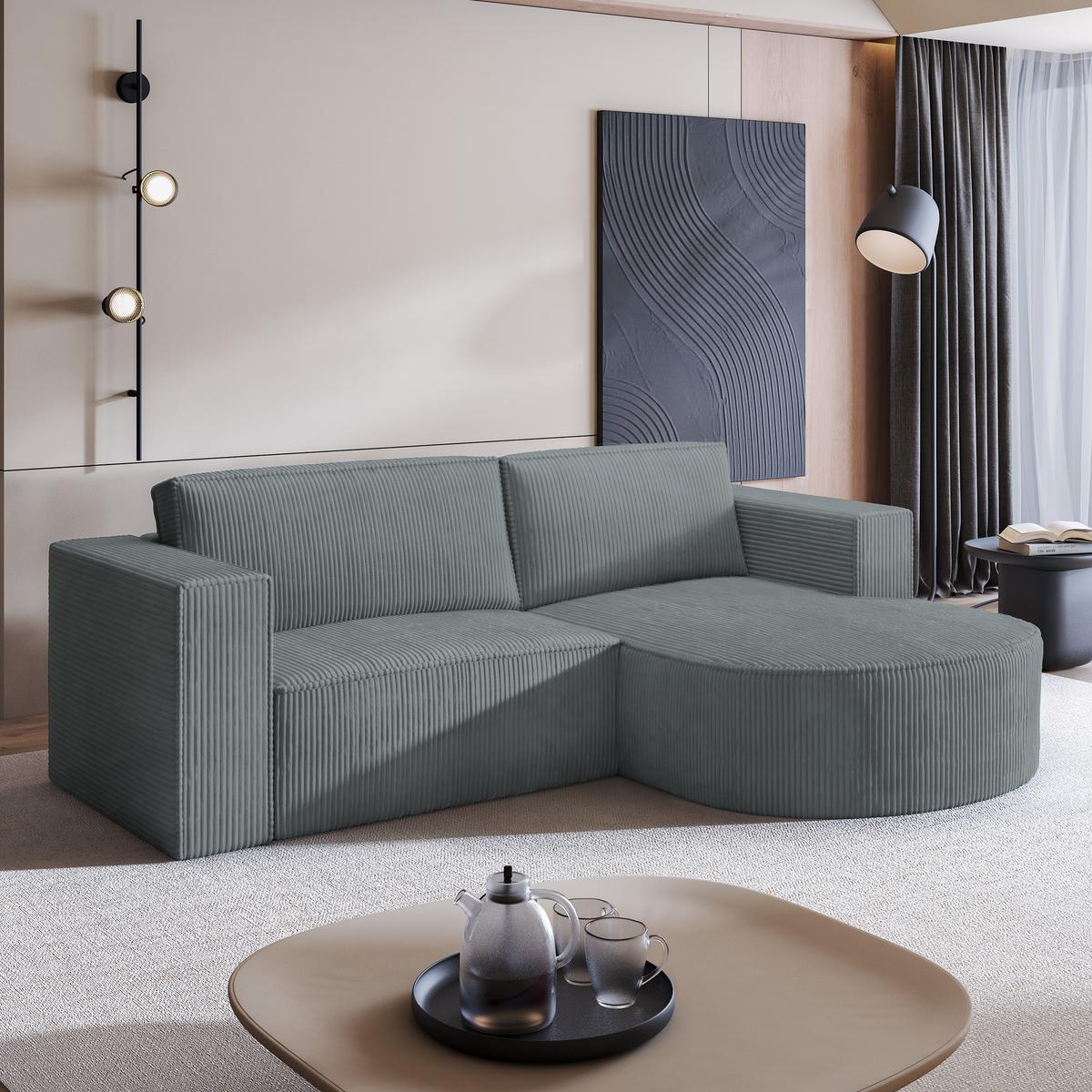 ECKSOFA SORELA P R-S Grau Kordstoff mit Schlaffunktion - Grau, Holz (263/174cm) - MASSENO