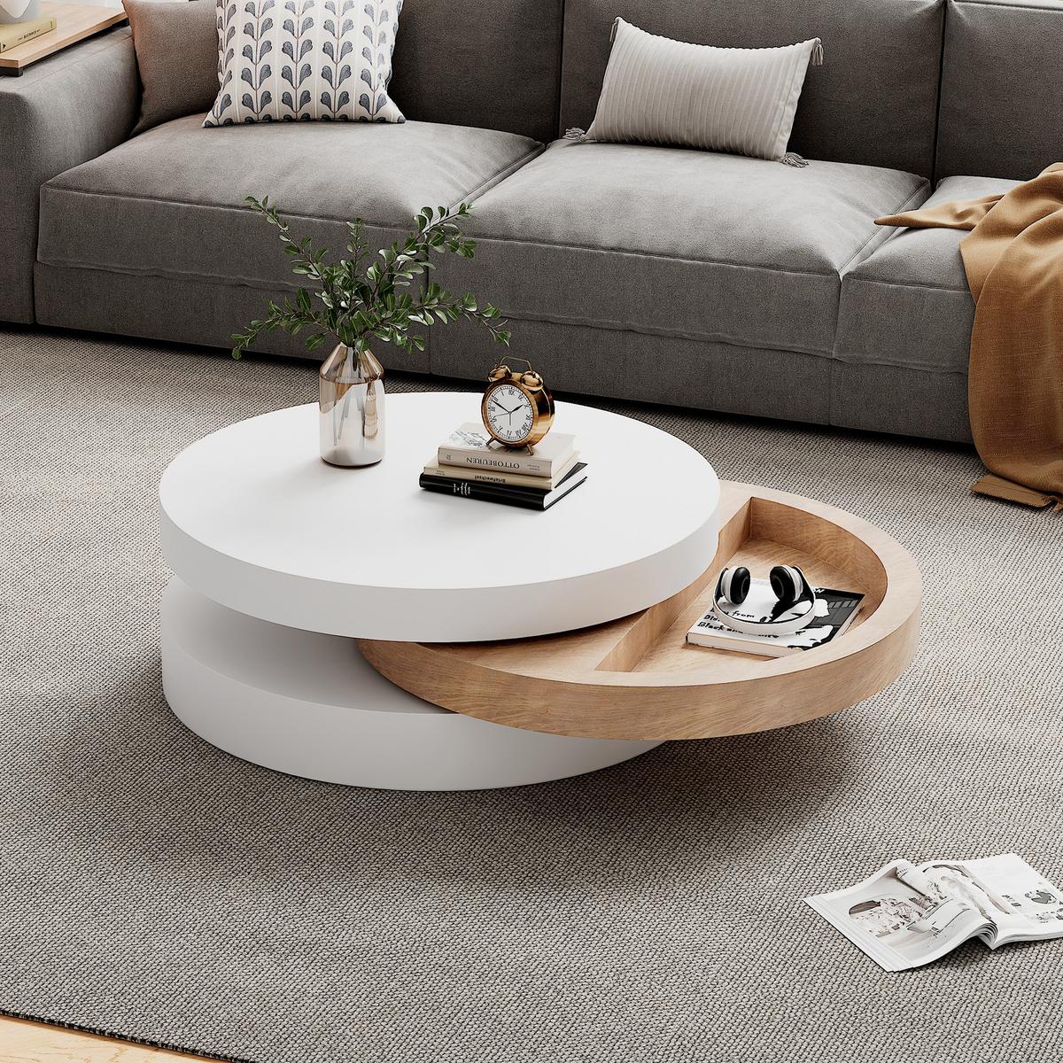 COUCHTISCH Zylindrisch Weiß & Natur 360° Drehbar mit Stauraum - Naturfarben, Holzwerkstoff (60/60/35.1cm) - Urban Meuble