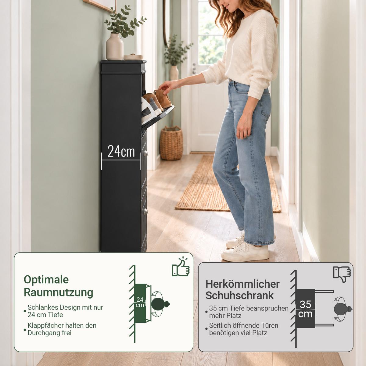 SCHUHSCHRANK Schwarz, 48 x 117 x 24 cm, 3 Klappen, bis 12 Paar Schuhe, Einlegeböden 2-stufig verstellbar, für schmale Flure - Schwarz, Holzwerkstoff (53/117/24cm) - SoBuy