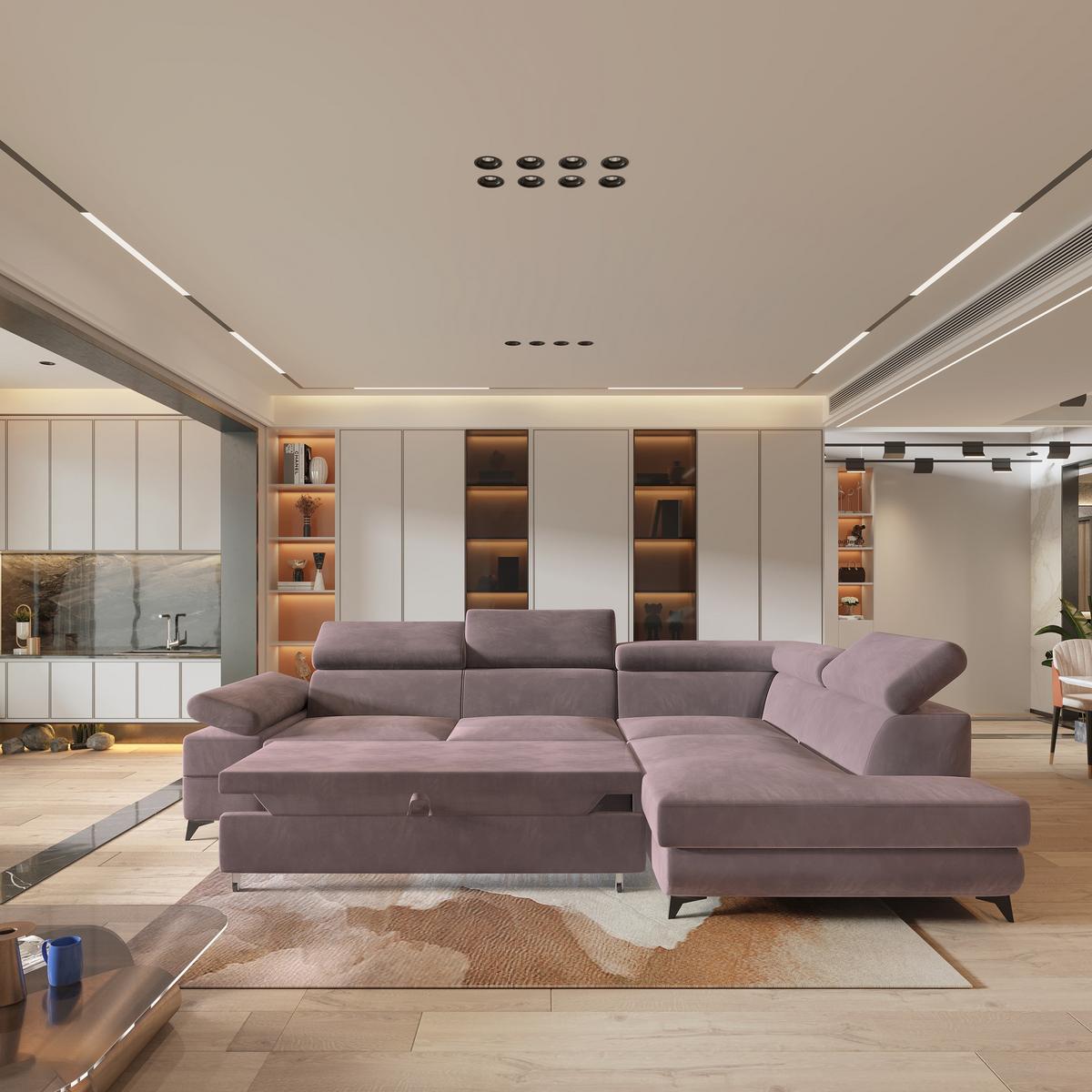 ECKSOFA FAVIEN R-S Lila Velours-Stoff mit Schlaffunktion - Lila, Holz (257/190cm) - MASSENO